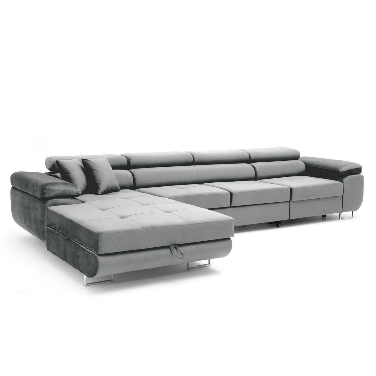 ECKSOFA ALONZO MAXI Links mit Schlaffunktion 125x195 Velours Hellgrau - Silberfarben/Hellgrau, Holz/Textil (350/203cm) - Muffo