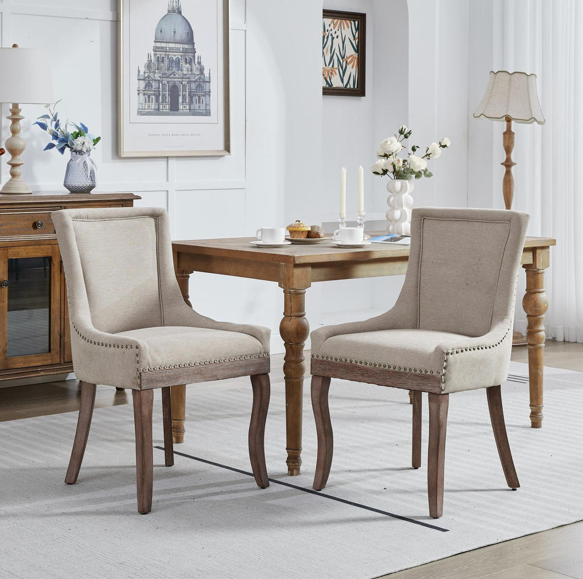 ESSZIMMERSTUHL 2er-Set mit hoher Rückenlehne Chenille Beige - Beige, Holz (55/92.5/61cm) - Meubliv