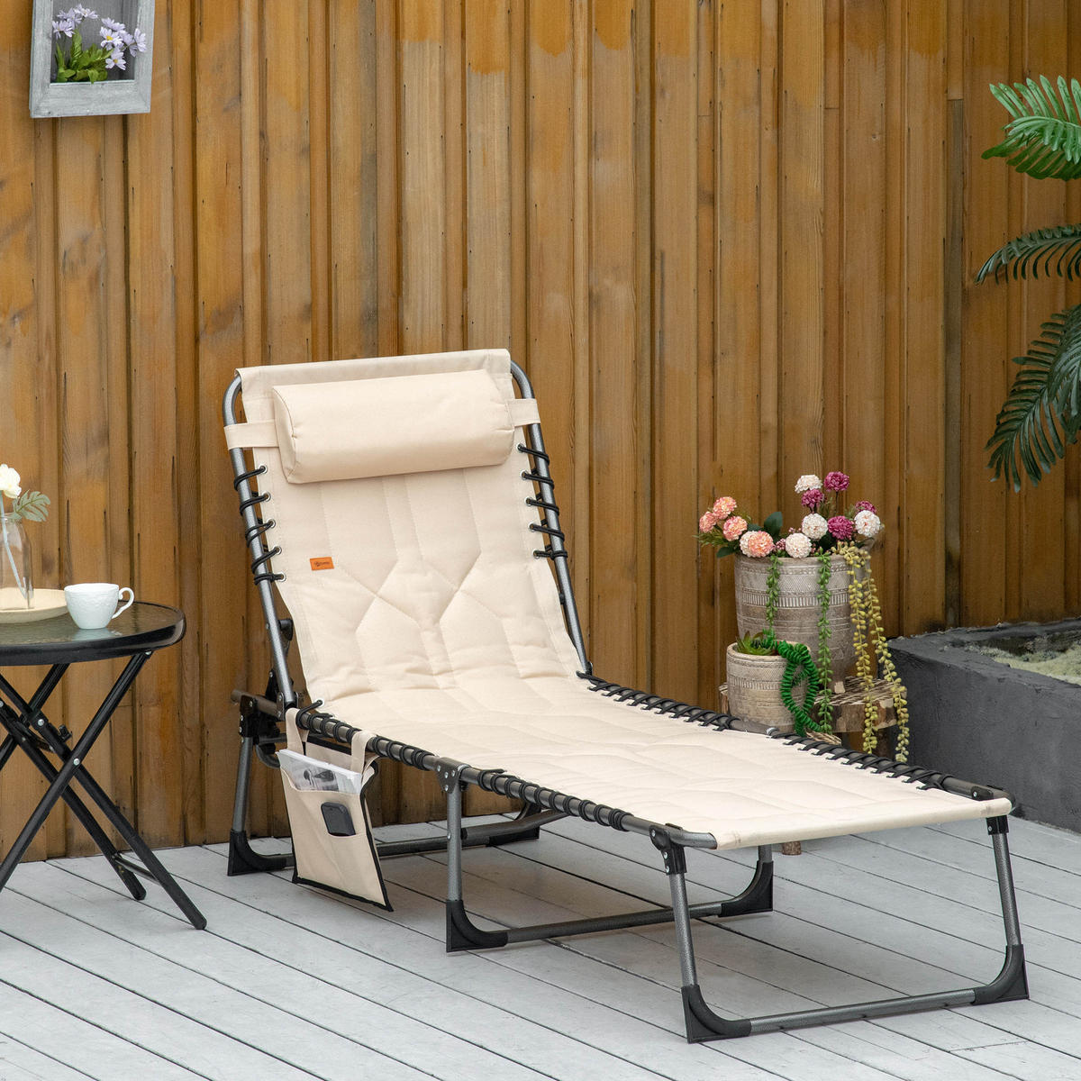 SONNENLIEGE, Faltbare Gartenliege, Klappliege mit Kissen, 5-stufige Rückenlehne, Oxfordstoff, 188 x 57 x 30 cm, Beige - Beige, Metall (188/30/57cm)