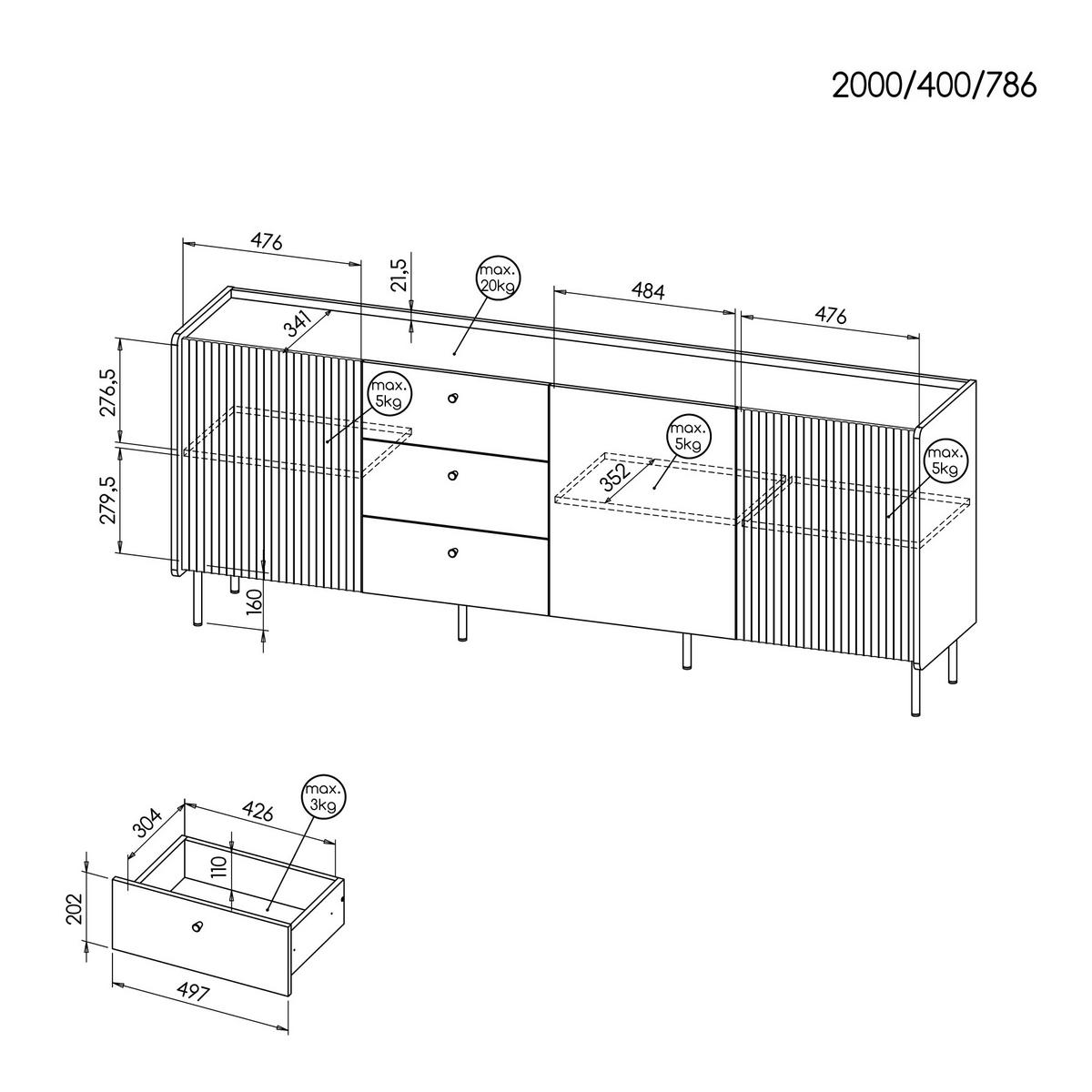 KOMMODE Piano mit 3 Türen und 3 Schubladen, Mattschwarz + Warmia-Nussbaum - Dunkelbraun/Schwarz, Holzwerkstoff (200/79/40cm) - Beautysofa
