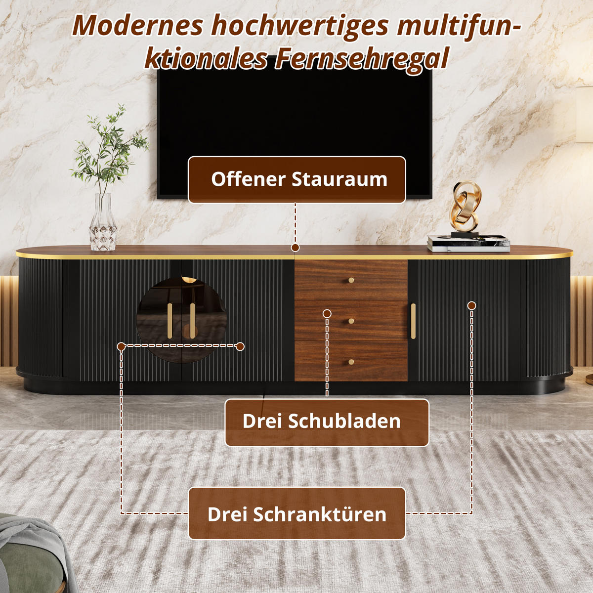TV-ELEMENT 180/40/46 cm Schwarz mit 3 Schubladen und Aluminiumgriffe - Schwarz, Holz (180/46/40cm) - Oxeza