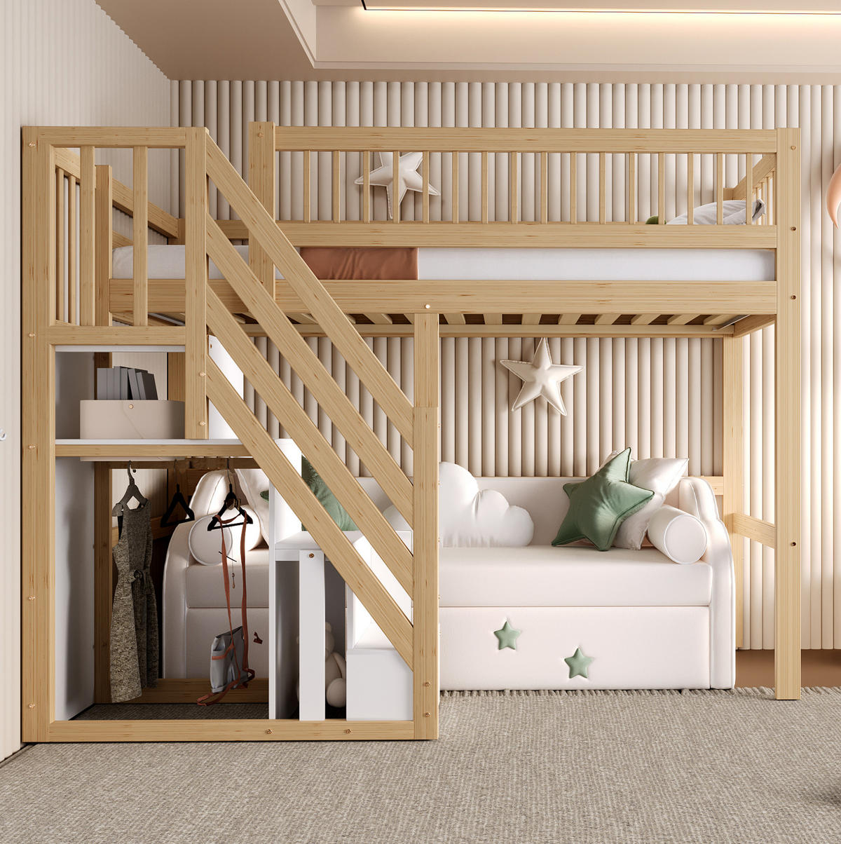 HOCHBETT 90/200 cm aus Holzfarbe mit Stauraumtreppe und Rausfallschutz - Naturfarben, Holzwerkstoff (90/200cm) - BEAOK
