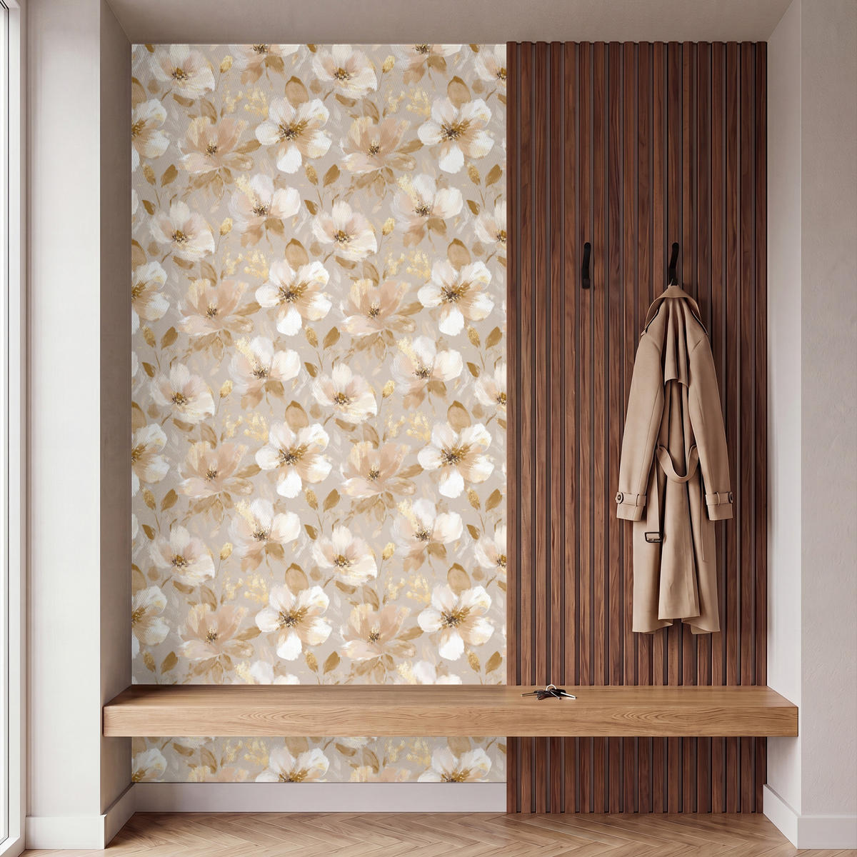 TAPETE - Blumen - künstlerisch - Gold - 140x300 cm - Beige, Papier (140/300cm) - OnlyWow