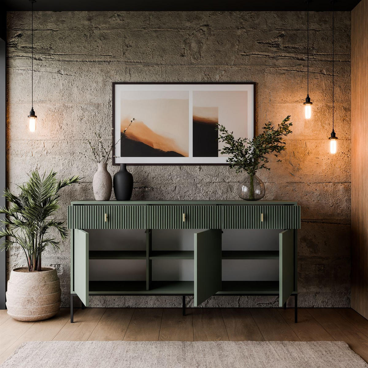 Kommode MIDNIGHT 3D3S mit drei Schubladen auf Gestell grün - Schwarz/Grün, Holzwerkstoff (154.5/82.5/39cm) - Lookway