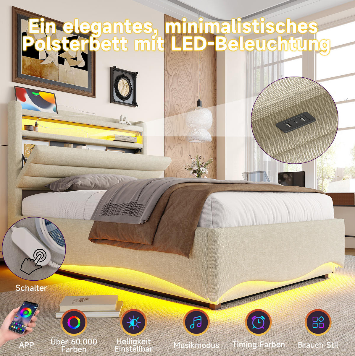 POLSTERBETT 90/200 cm Beige aus Leinen mit Stauraum, LED und USB- und Type-C-Anschlüssen - Beige, Textil (90/200cm) - Flora Grace