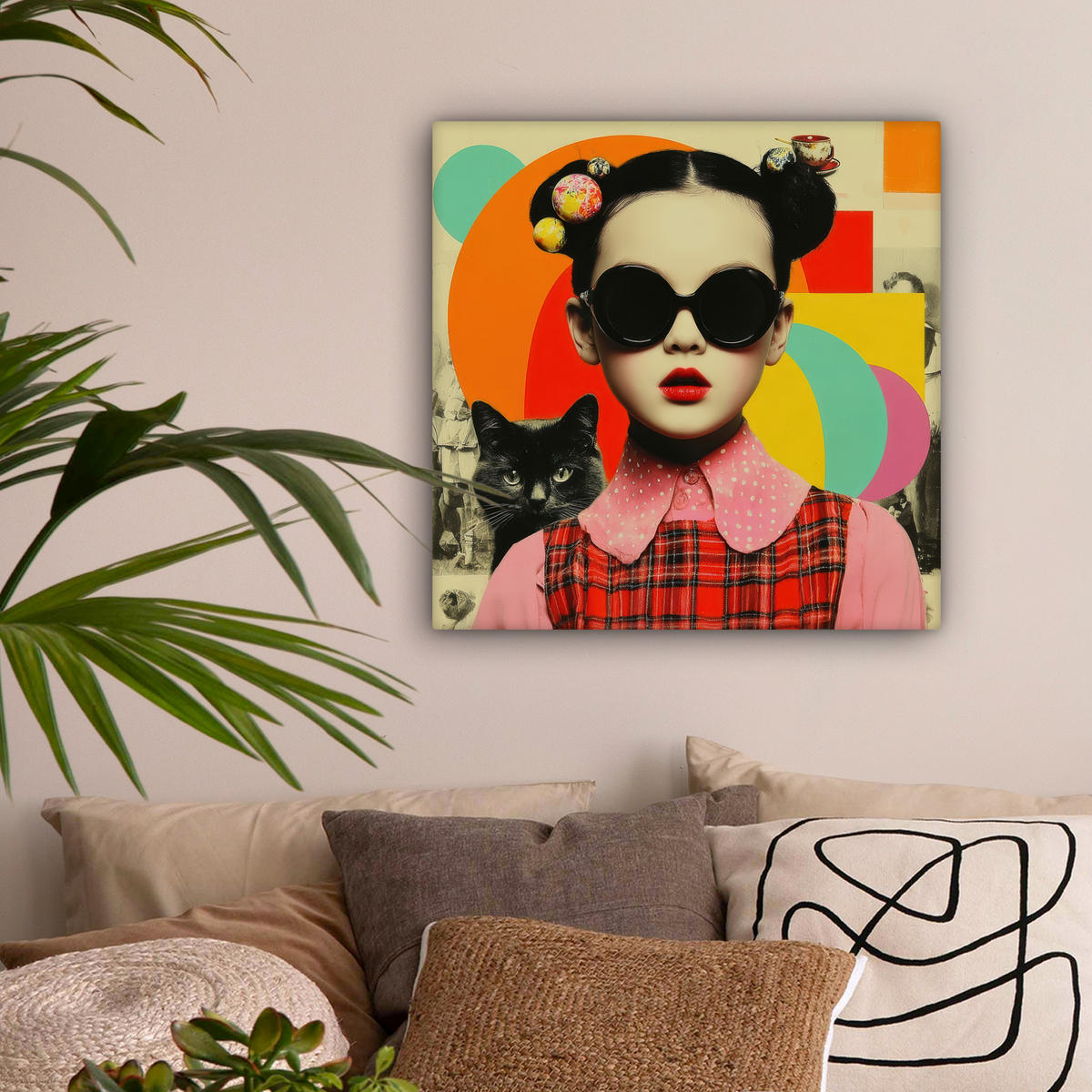 LEINWANDBILD Mädchen - Sonnenbrille - Katze - Retro Wandbild Wohnzimmer 50x50 cm - Beige, Textil (50/50cm) - MuchoWow