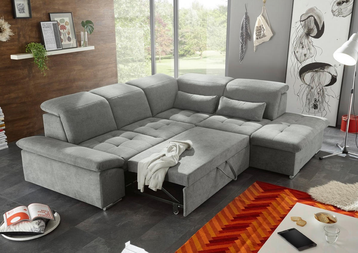 ECKSOFA mit Schlaffunktion mit Bettkasten und verstellbaren Kopf- und Rückenlehnen - Chromfarben/Schlammfarben, Textil (240/276cm) - ed exciting design