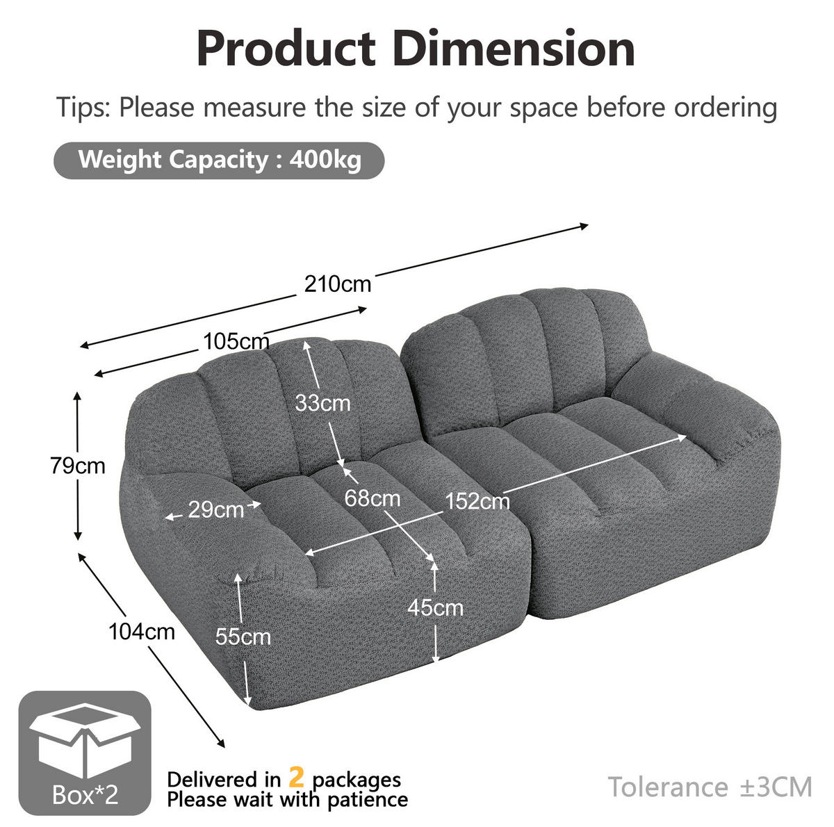 2-SITZER Sofa aus granuliertem Fleece mit modularer Form Grau - Grau, Textil (104/79/210cm) - Modenvie