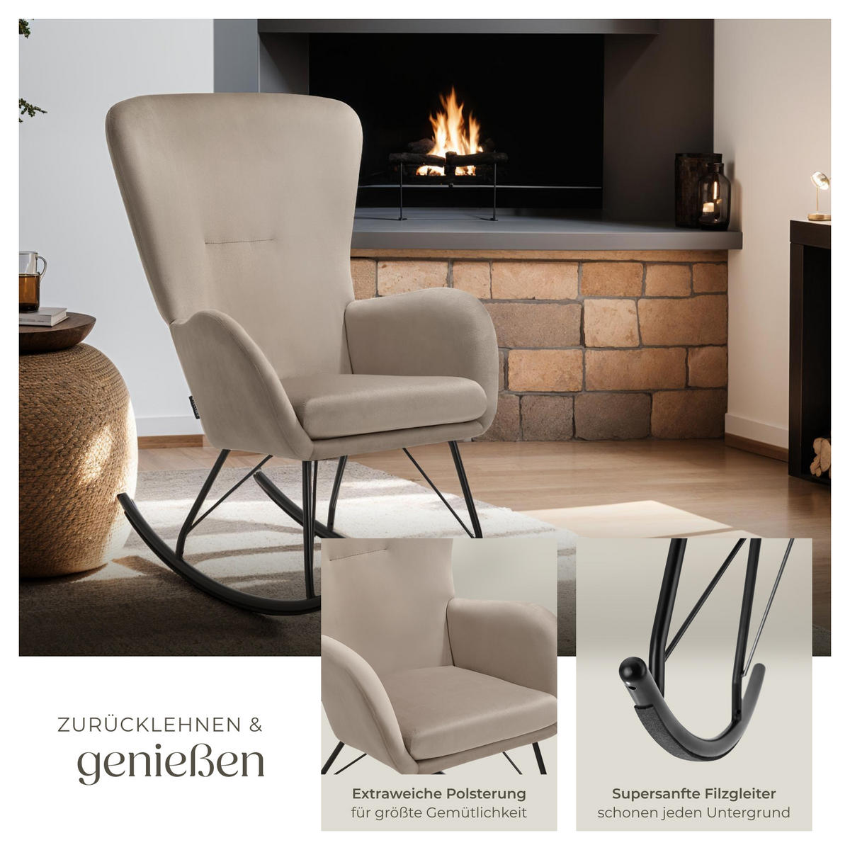 SCHAUKELSTUHL Swing,70 x 93 x 100 cm, Belastbarkeit 120 kg,schwarz/taupe - Taupe/Schwarz, Kunststoff (70/100/93cm) - tectake