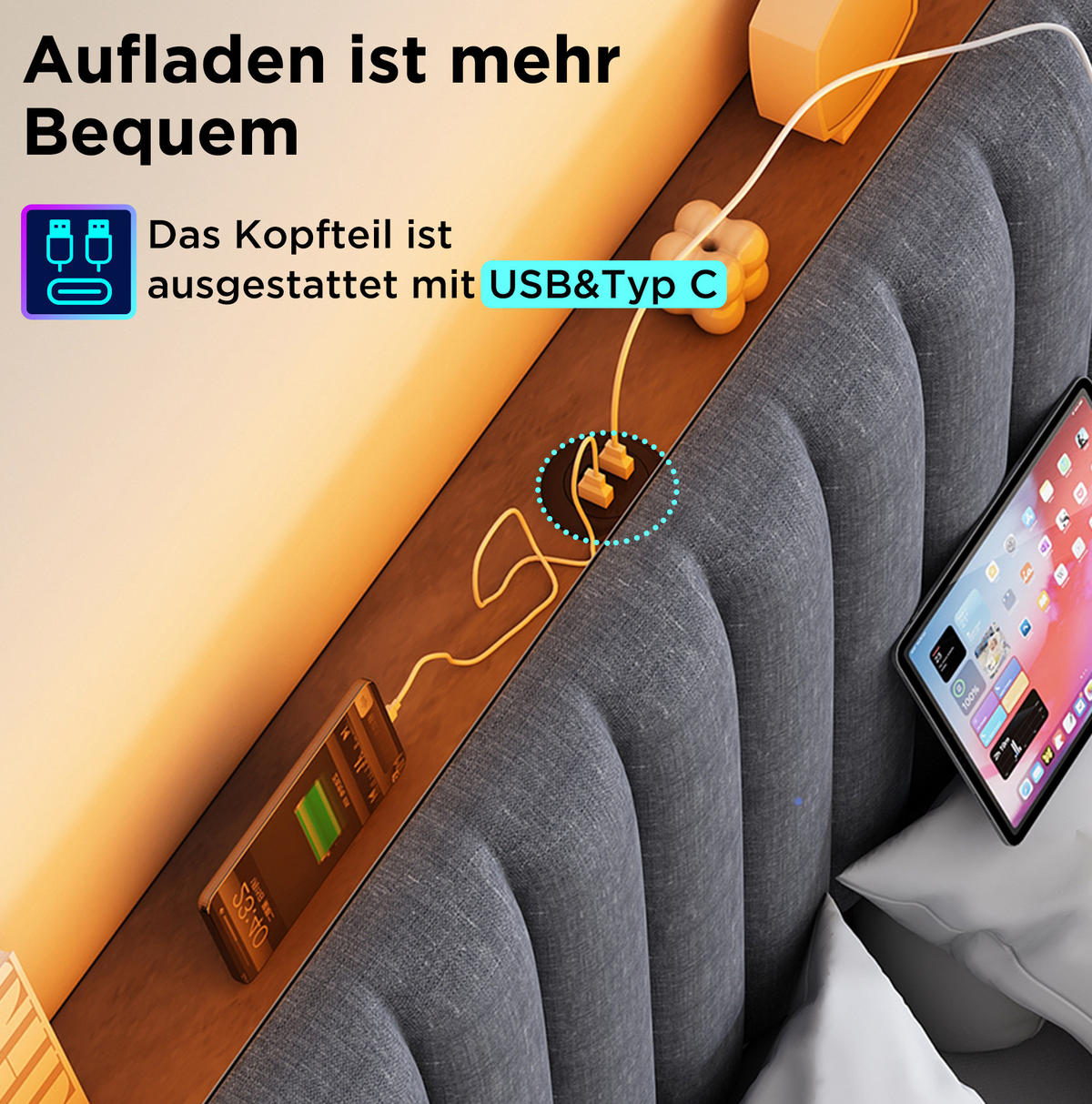 POLSTERBETT 160/200 cm aus Leinen mit LED-Kopfteil, USB- und Type-C-Anschluss, Bettkasten und verstellbarem Kopfteil, Grau - Grau, Textil (160/200cm) - Redom