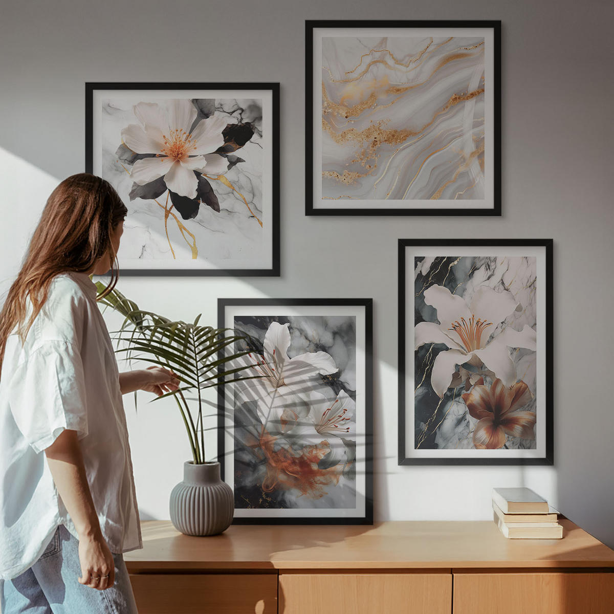 WANDBILDER 4er-Set - 50x50 cm & 40x60 cm Schwarzer Rahmen - Blumen Marmor weiß schwarz - Schwarz, Kunststoff (50/50cm) - ArtPrintCave