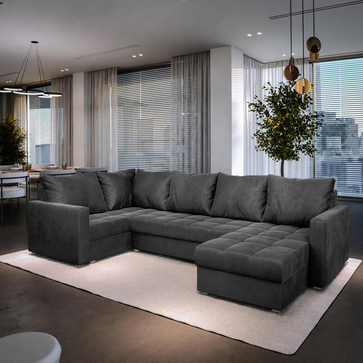 WOHNLANDSCHAFT LORIVO L-S Grau Plüsch-Stoff mit Schlaffunktion - Grau, Holz (285/85/150cm) - MASSENO