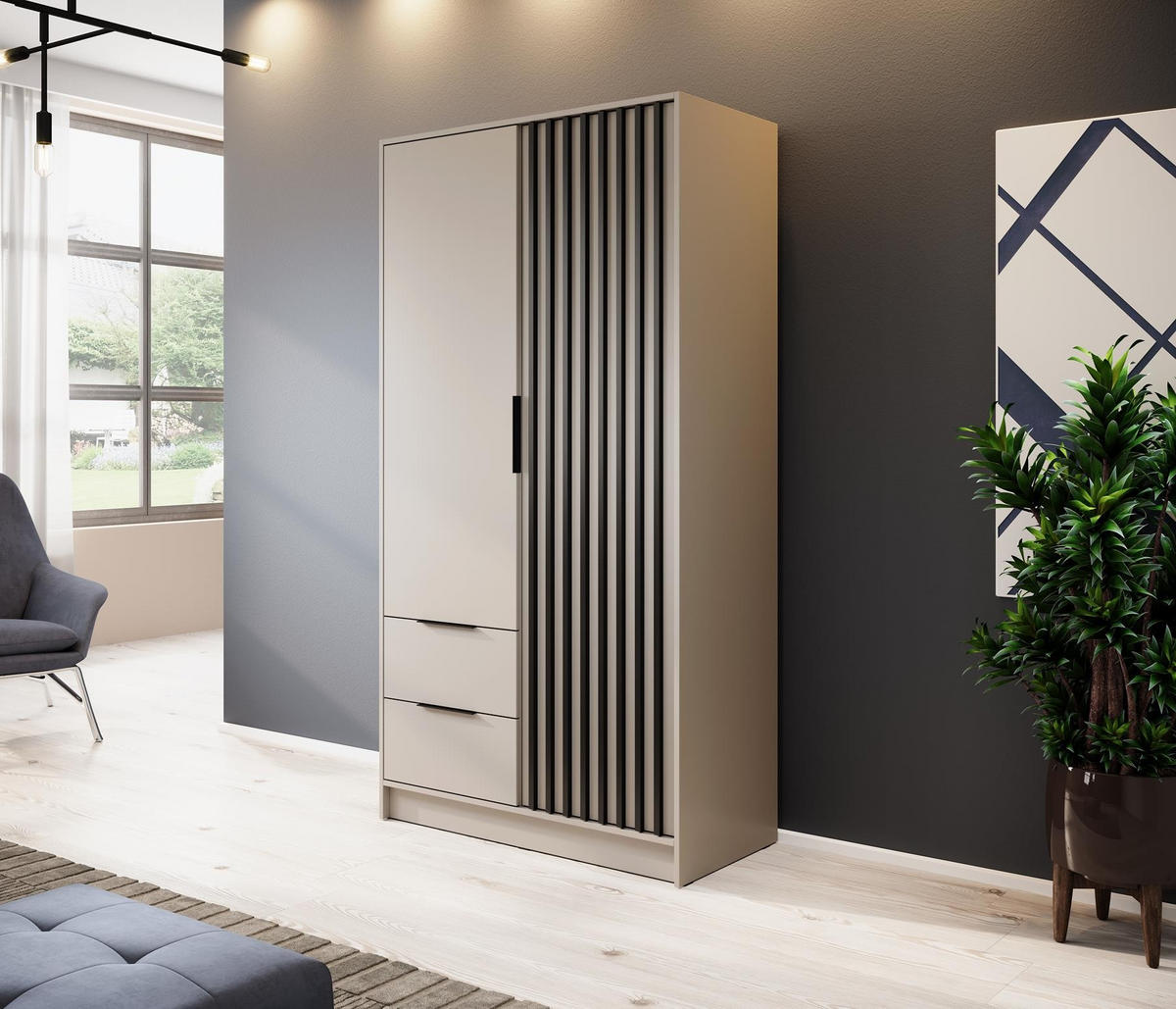 KLEIDERSCHRANK Nelly Kaschmir, Schrank zweitürige mit Schwarz Lamellen - Kaschmir/Schwarz, Holzwerkstoff (105/200/51cm) - Bettso