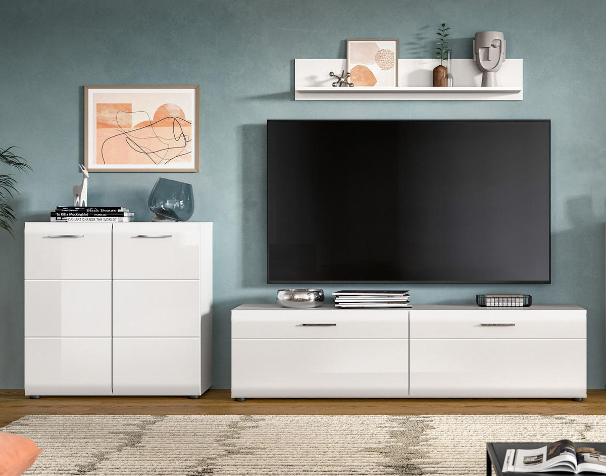 WOHNWAND weiß Hochglanz 3-teilig 255 cm, Schrankwand modernes Design - Weiß Hochglanz/Silberfarben, Glas/Holzwerkstoff (255/160/41cm) - Inn.Furn