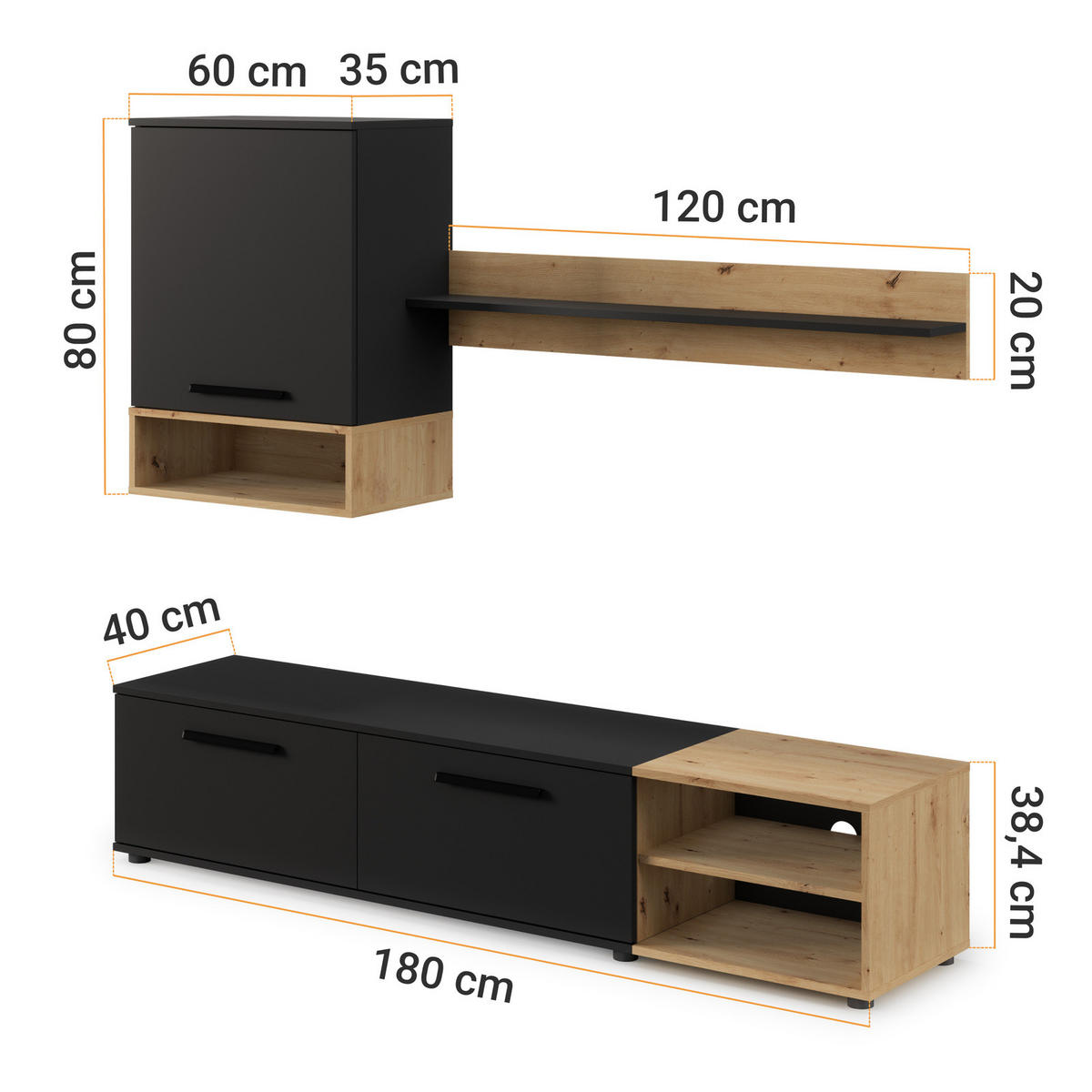 WOHNWAND Vento 180 cm breite 3-teilig Schwarz und Artisan Eiche - Schwarz/Eiche Artisan, Holzwerkstoff/Kunststoff (180/119/40cm) - Ravio