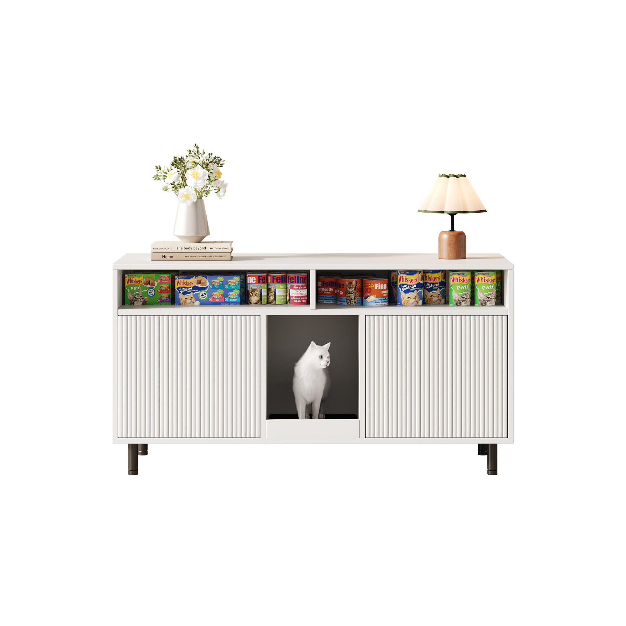 SIDEBOARD in Weiß Katzentoiletten-Schrank mit Sandauffangmatte und Lagerbereich für Wohnzimmer, B120/T50/H66cm - Walnussfarben/Weiß, Holzwerkstoff/Metall (120/66/50cm) - STILVORA