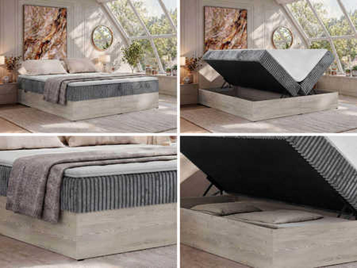BOXSPRINGBETT NORDIC ZERO 140/200 - Grau Cord - Topper Visco - H4 - Schwarz/Grau, Kunststoff/Textil (140/200cm) - MKS