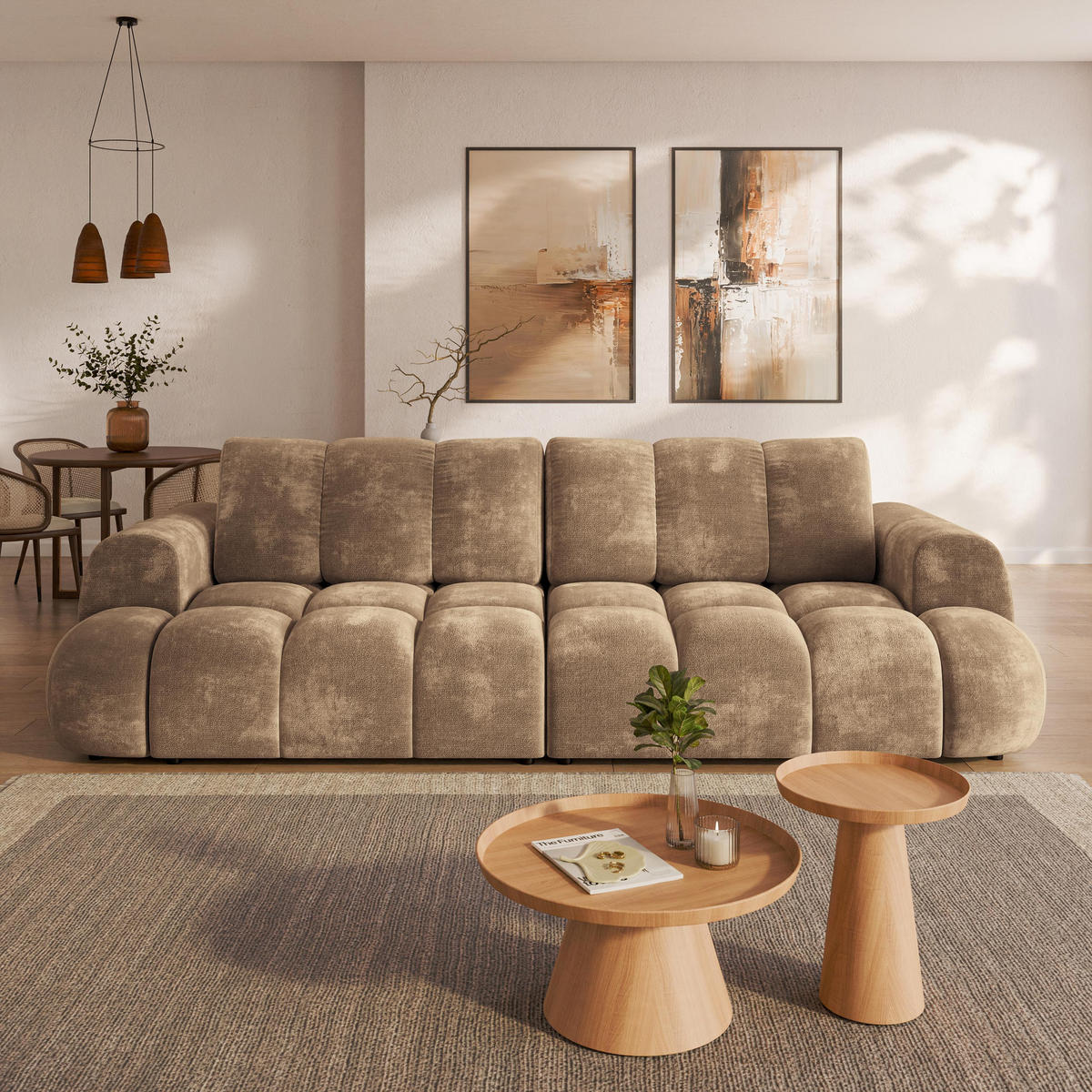 BETTSOFA DAFNE Beige Chenille-Stoff mit Schlaffunktion - Beige, Textil (300/88/113cm) - MASSENO