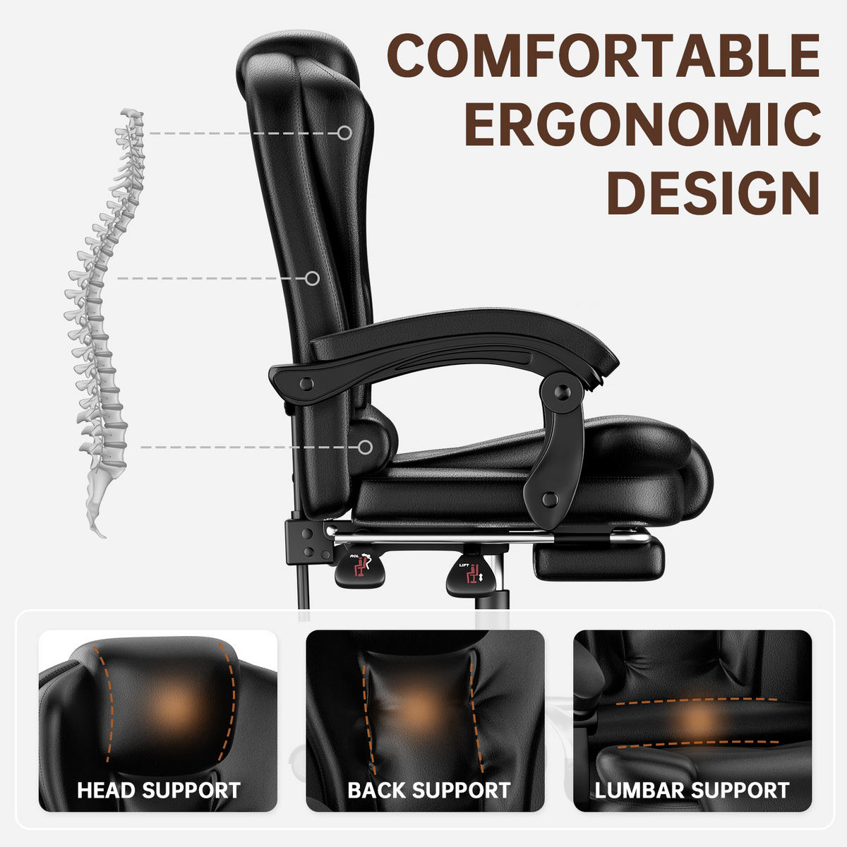BÜROSTUHL Schwarz ergonomisch verstellbar mit Fußstütze - Schwarz, Metall (63/116/68cm) - Rattrix