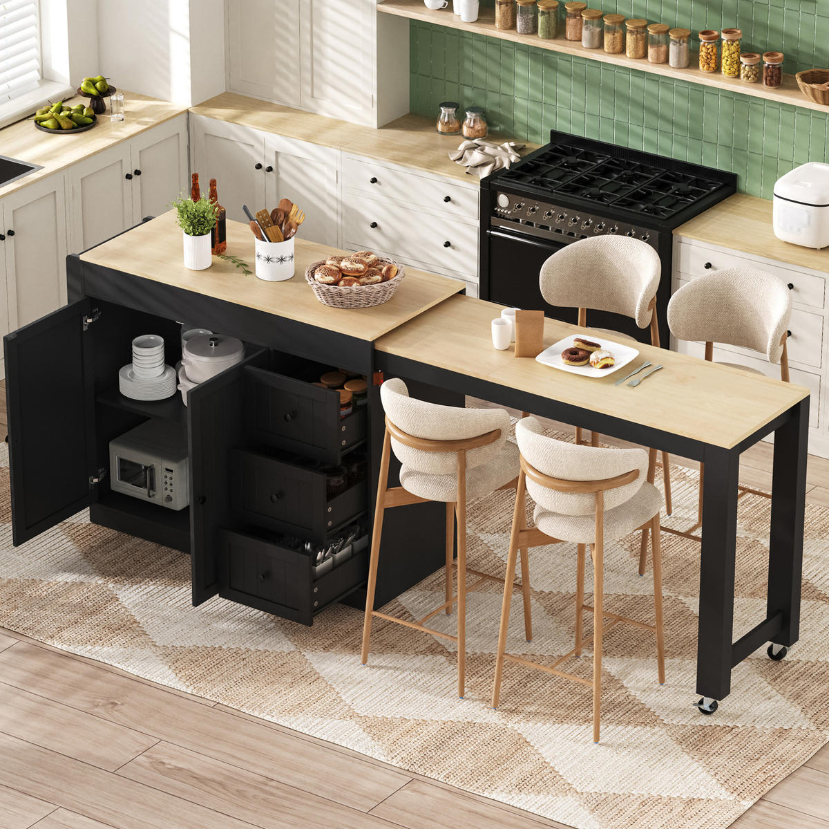 KÜCHENINSEL 112/45/93 cm Schwarz aus MDF mit ausziehbarer Arbeitsplatte - Schwarz, Holzwerkstoff (45/93/130cm) - OKMYHOME
