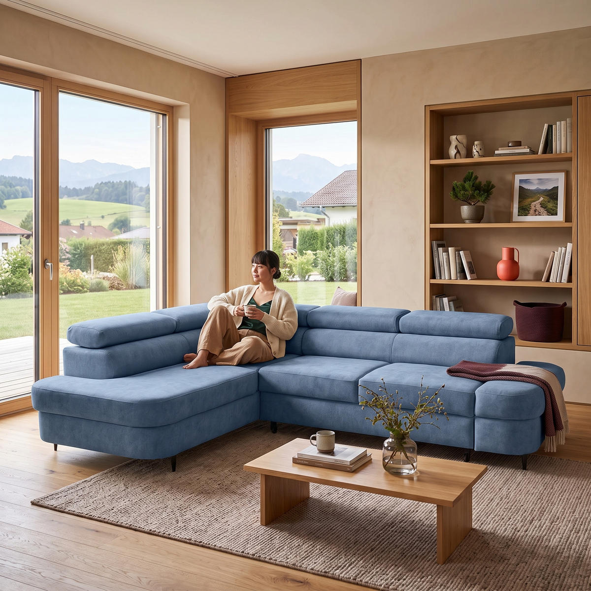 ECKSOFA PRIAM L Links mit Schlaffunktion 125x195 Velours Blau - Blau/Schwarz, Holz/Textil (203/275cm) - Muffo