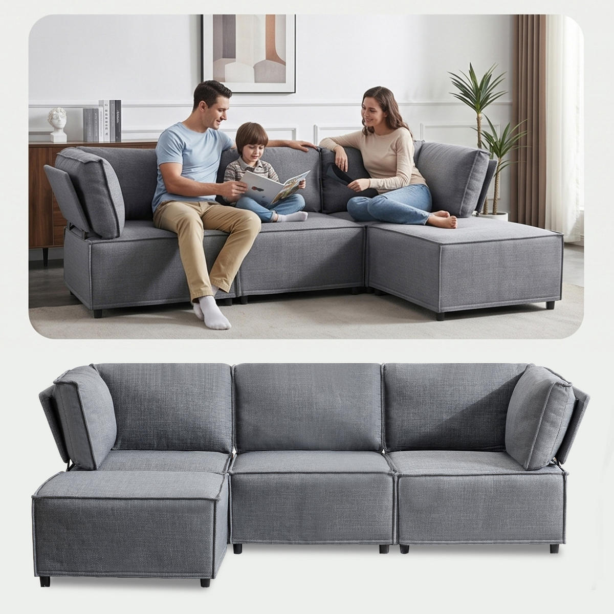 ECKSOFA DE-35021 modular Hellgrau - Hellgrau, Holzwerkstoff (154/238cm) - ComfortXL