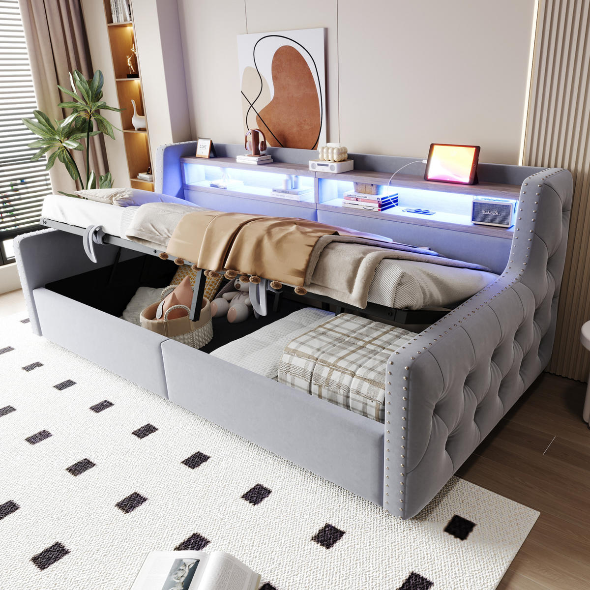 SCHLAFSOFA 90/200 cm hellgrau aus Samt mit LED, Stauraum und USB - Hellgrau, Textil (90/200cm) - OKWISH