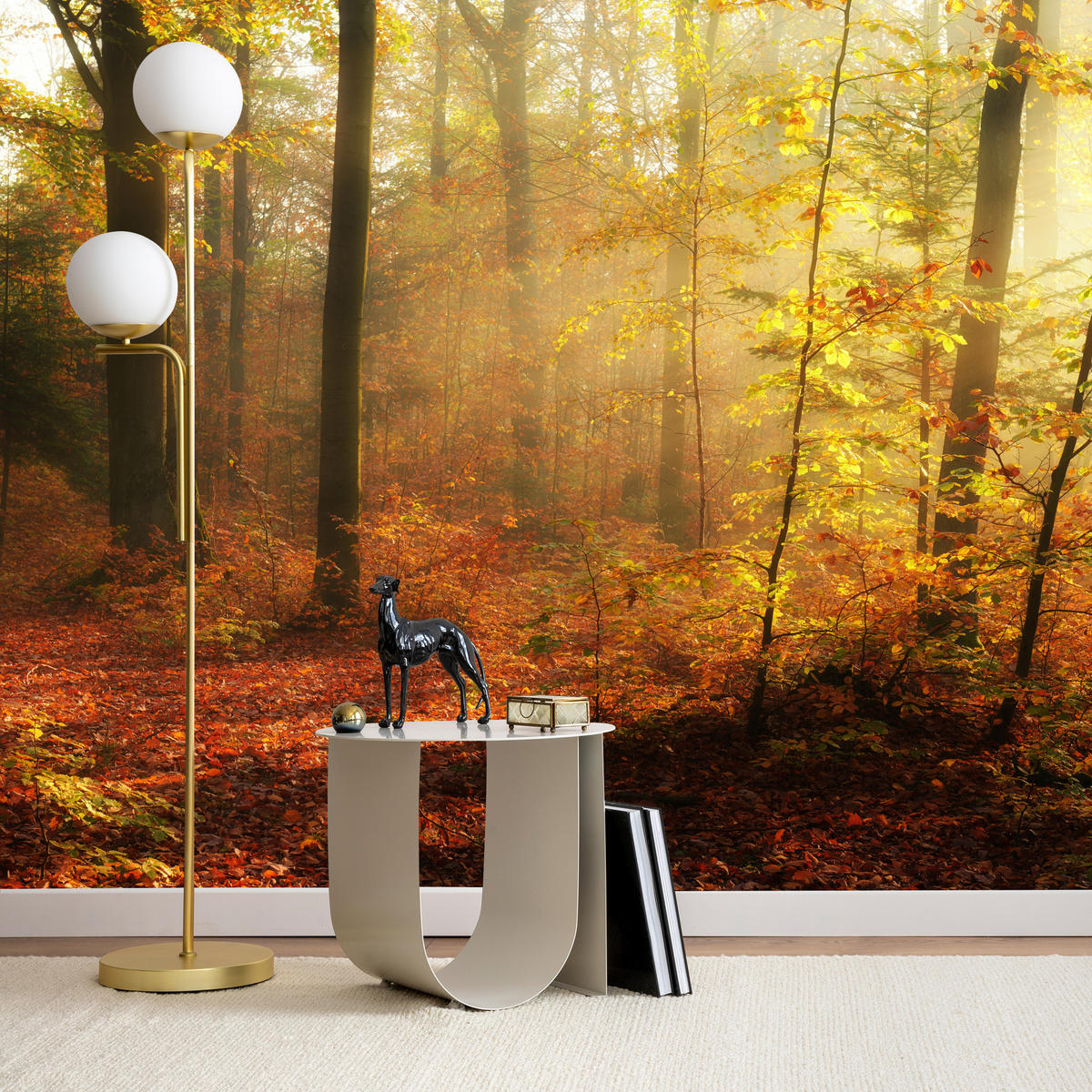 FOTOTAPETE für Wohnzimmer Herbstnebel Laubwald Bäume 350x256 - Gelb/Rot, Papier (350/256cm) - Muralo