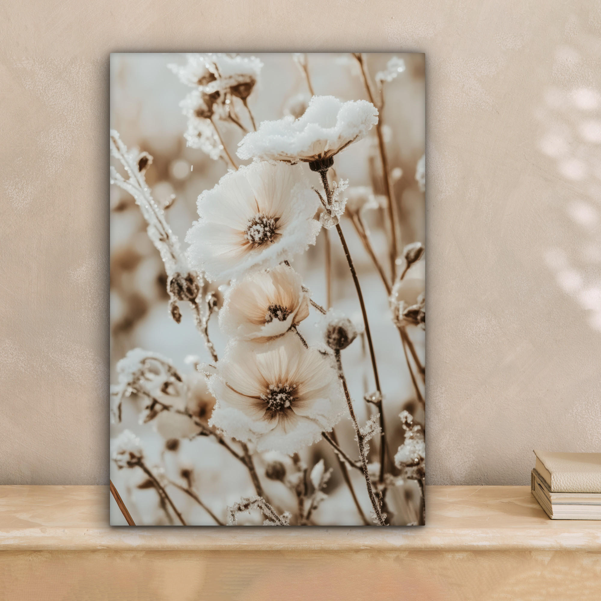 LEINWANDBILD Blumen - Winter - Weiß - Schnee - Beige 20x30 cm - Creme, Textil (20/30cm) - MuchoWow