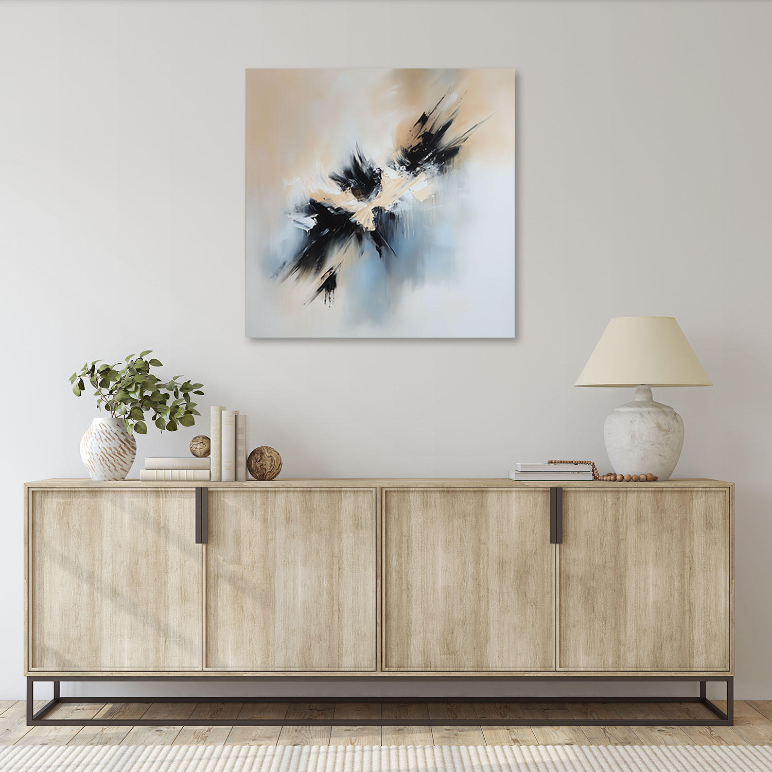 LEINWANDBILD Abstrakte beige-schwarz wie gemalt 50x50cm - Beige, Textil (50/50cm) - Feeby