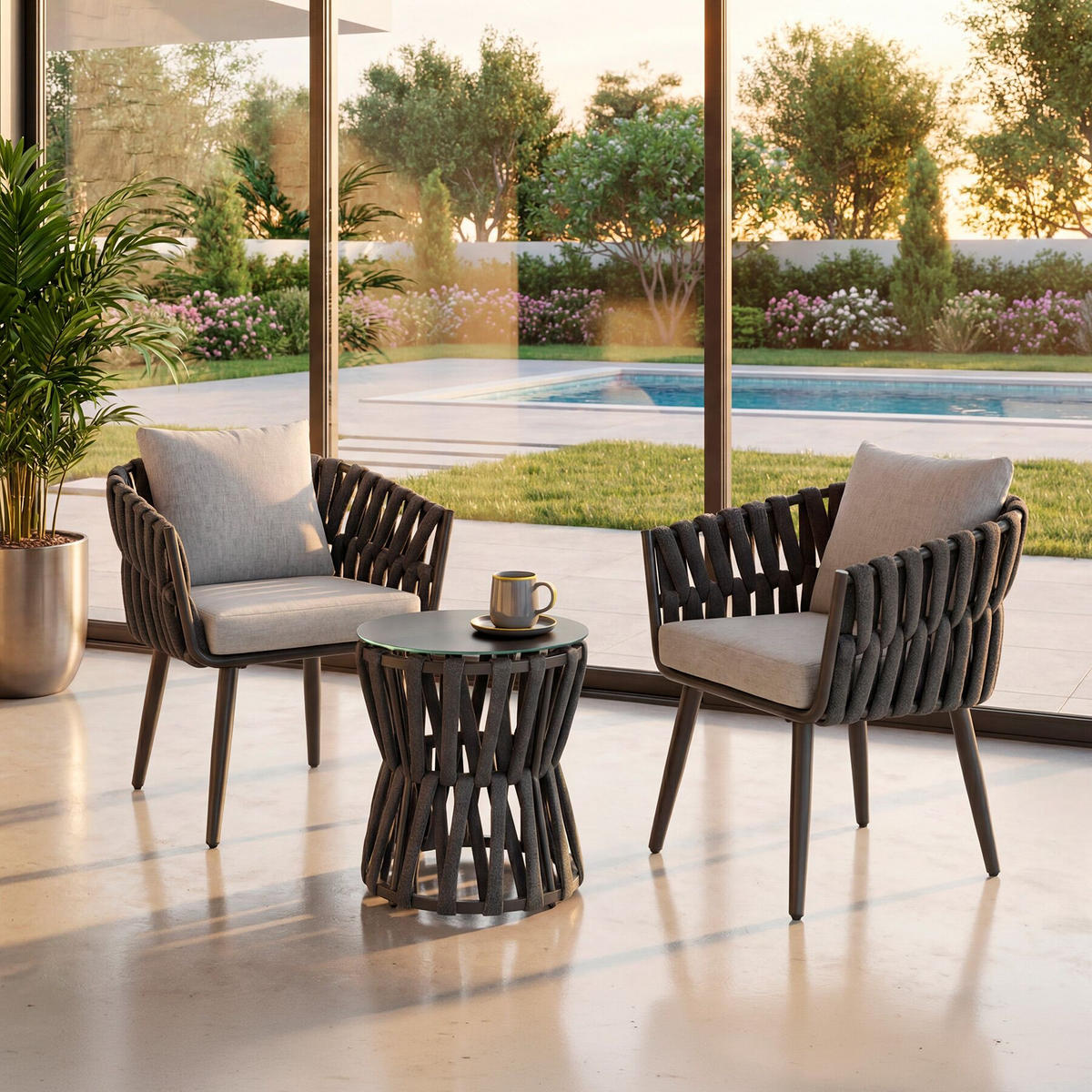 ALUMINIUM GARTENLOUNGE-SET Lugano, höhenverstellbare Kunststofffüße, Sicherheitsglasplatte, anthrazit/grau - Anthrazit/Grau, Kunststoff/Metall - tectake