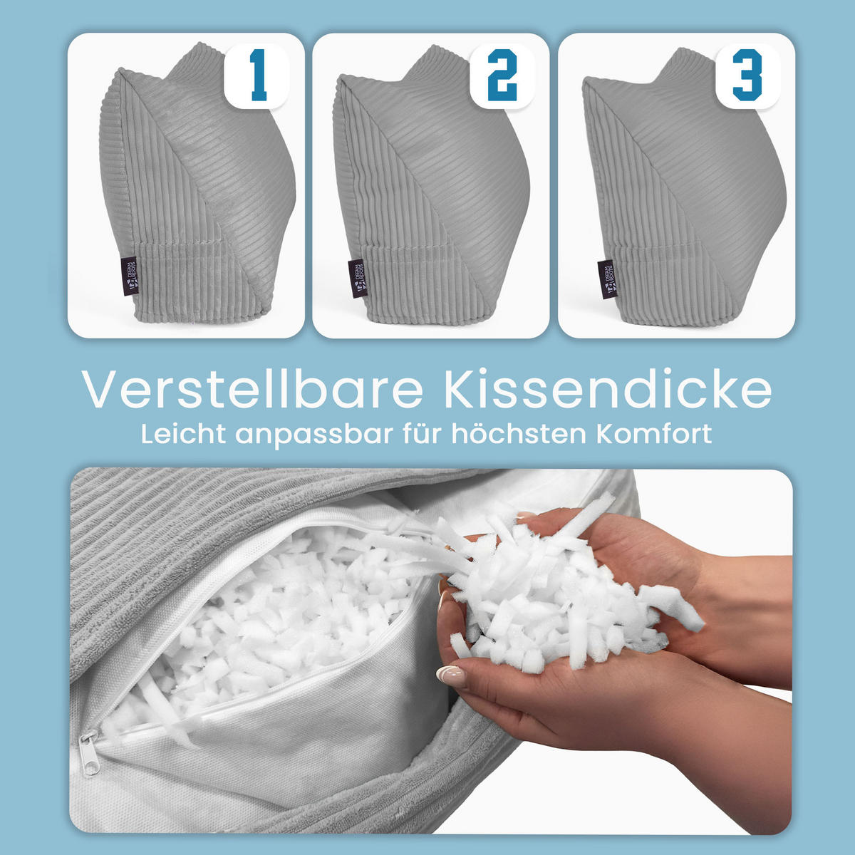 KEILKISSEN Frost Grey, 70/40/20 cm, Cord - Dunkelgrau, Textil (70/20cm) - Dreamroots