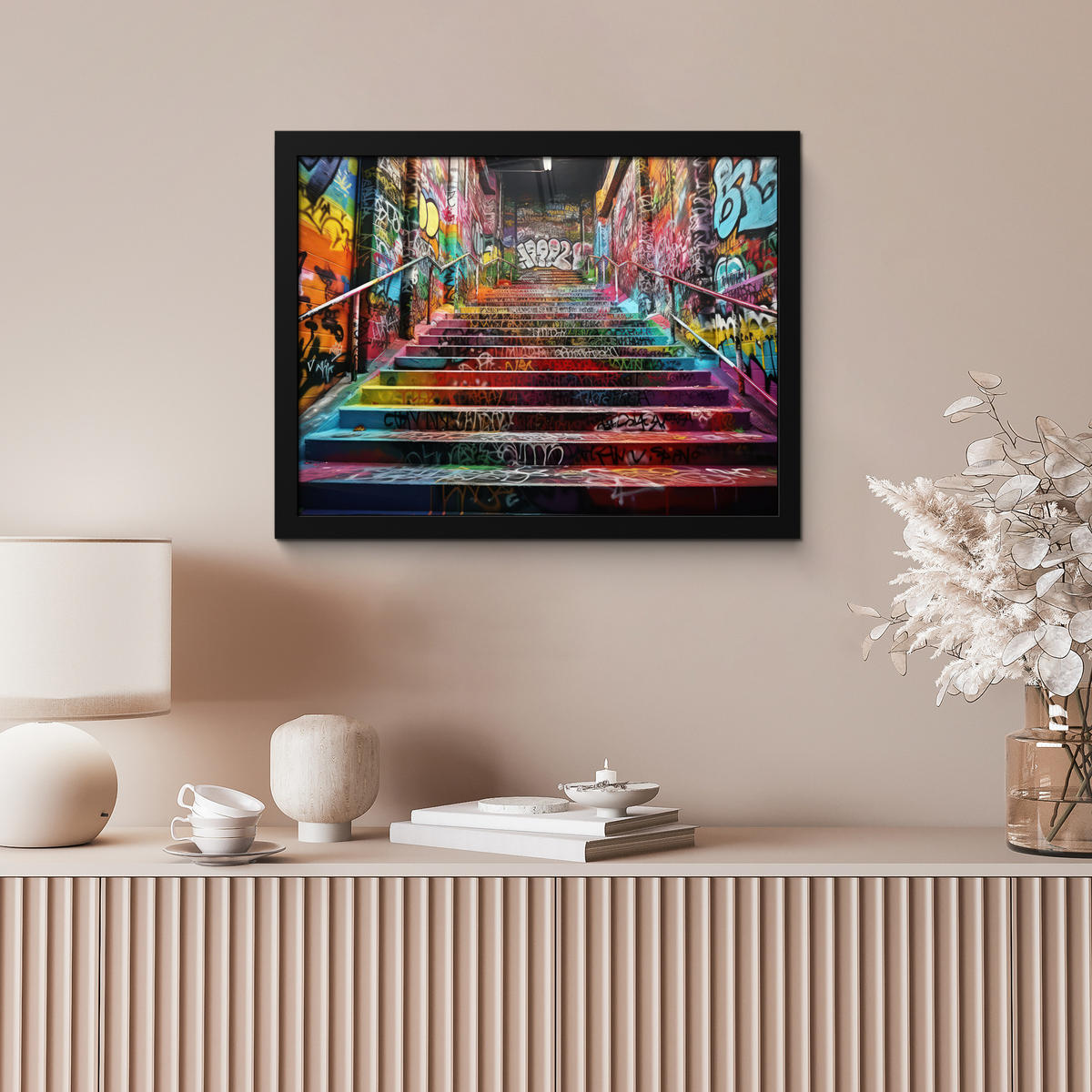 POSTER MIT RAHMEN Treppe - Graffiti - Farben - Kunst 40x30 cm - Multicolor, Papier (40/30cm) - MuchoWow