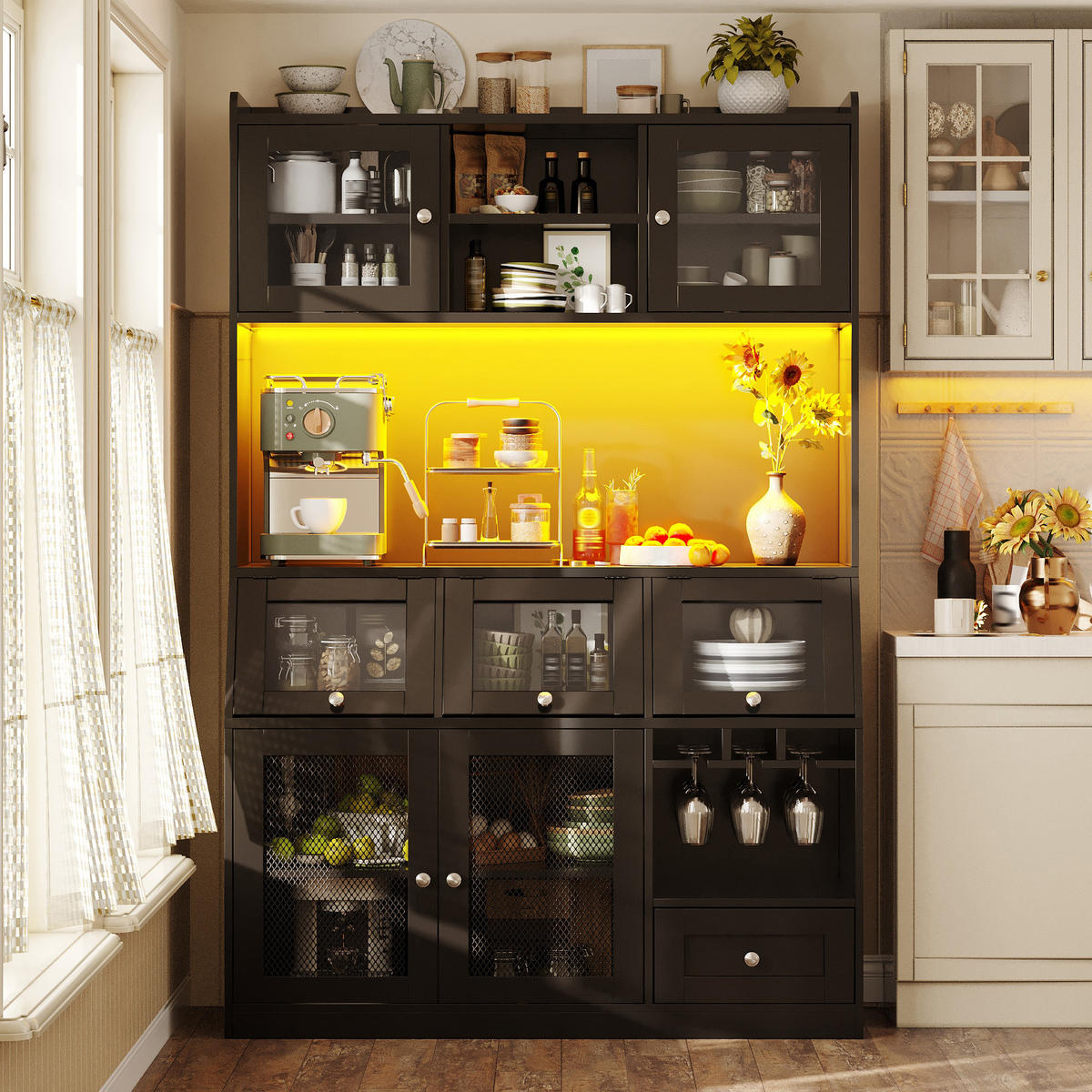 HIGHBOARD in Schwarz Anrichte mit USB-Anschluss, LED und Glastüren, B120/T40/H181.7cm - Schwarz/Naturfarben, Holzwerkstoff (120/181.7/40cm) - STILVORA