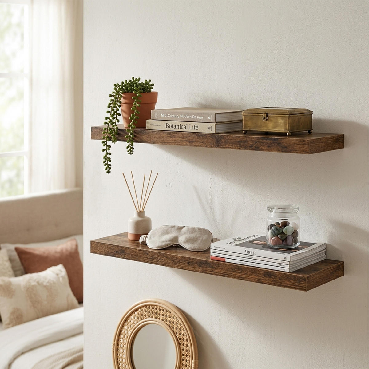 WANDREGAL Vintagebraun schwebend 2er-Set 80x20 cm - Braun, Holzwerkstoff/Metall (80/4/20cm) - Relaxdays