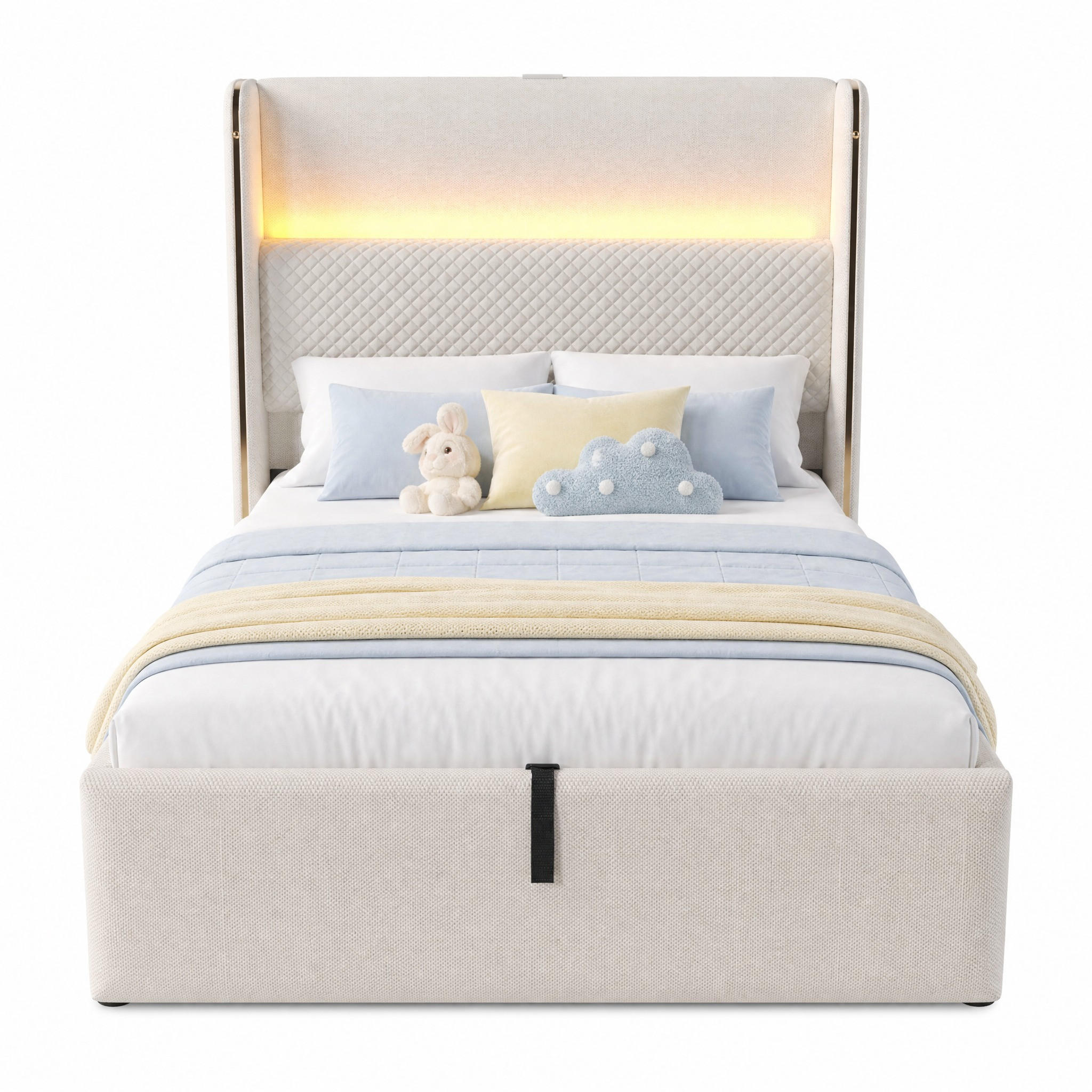 POLSTERBETT 90/200 cm in Beige mit Bettkasten, LED, USB und Type-C Leinen mit hohem Kopfteil - Beige, Holzwerkstoff/Textil (90/200cm) - STILVORA