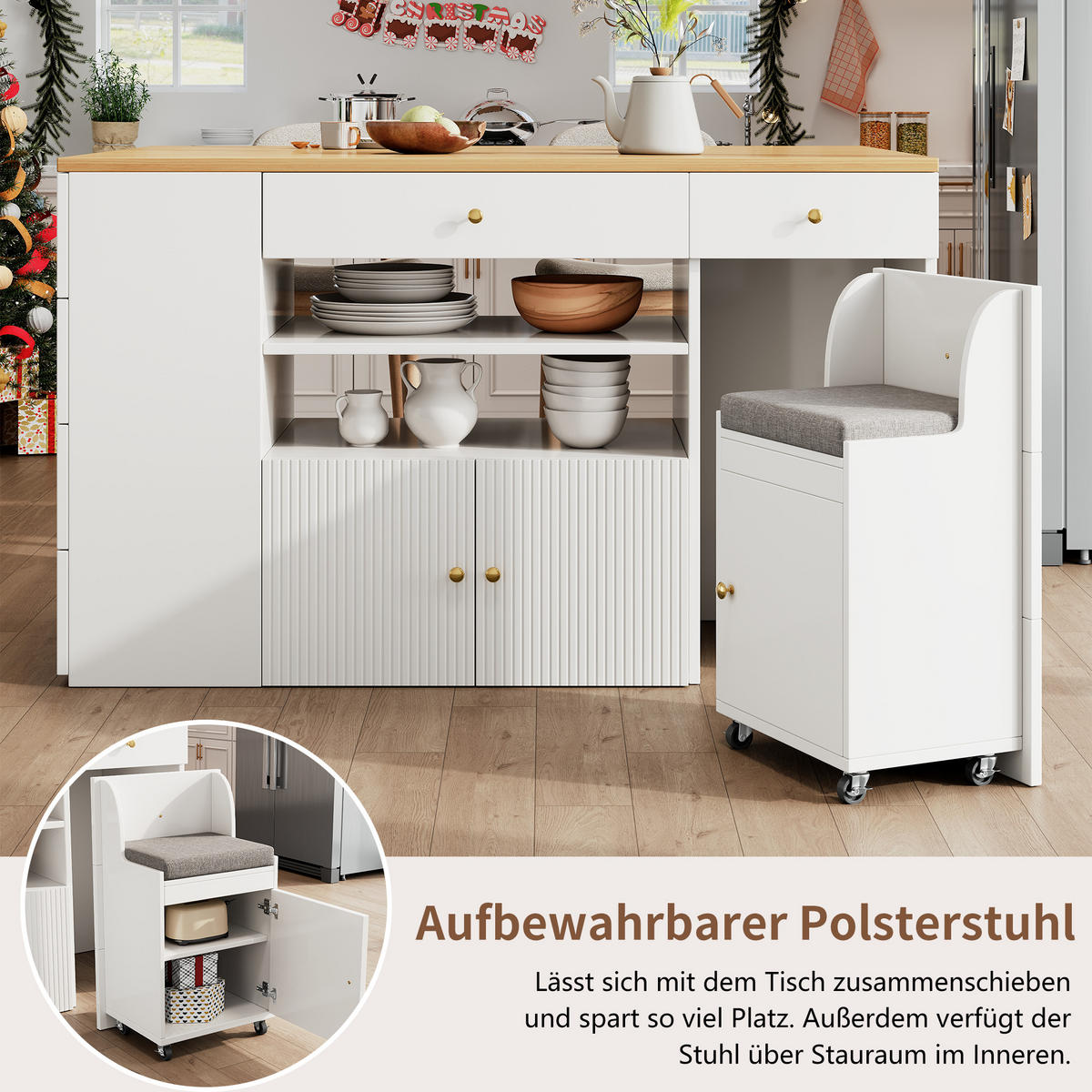 KÜCHENINSEL 140x70x89cm Weiß mit 6 Schubladen, Hocker & Metallgriffen - Weiß, Holzwerkstoff (140/89/70cm) - Modfu