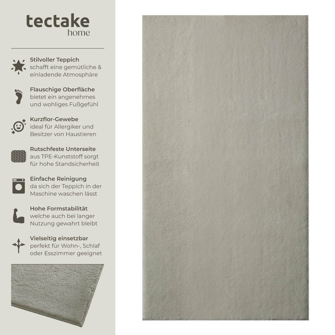 KURZFLORTEPPICH Soft Zone,rutschfeste Unterseite,Sand - Sandfarben, Textil (150/80cm) - tectake