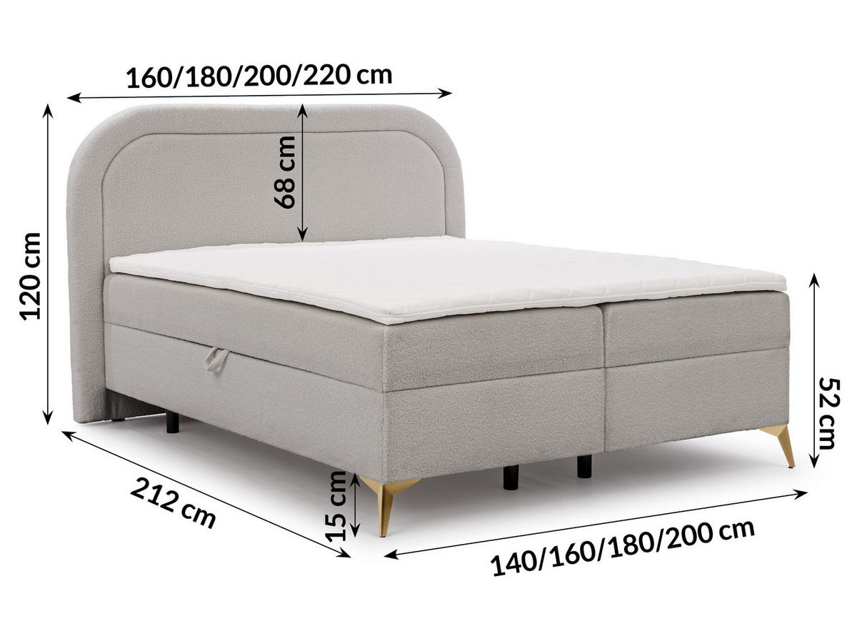 BOXBETT Sonna 140/200 cm Hellgrau Bouclé-Stoff mit abgerundetem Kopfteil und mit goldenen Metallfüßen - Goldfarben/Hellgrau, Holz/Textil (140/200cm) - S-Style Möbel