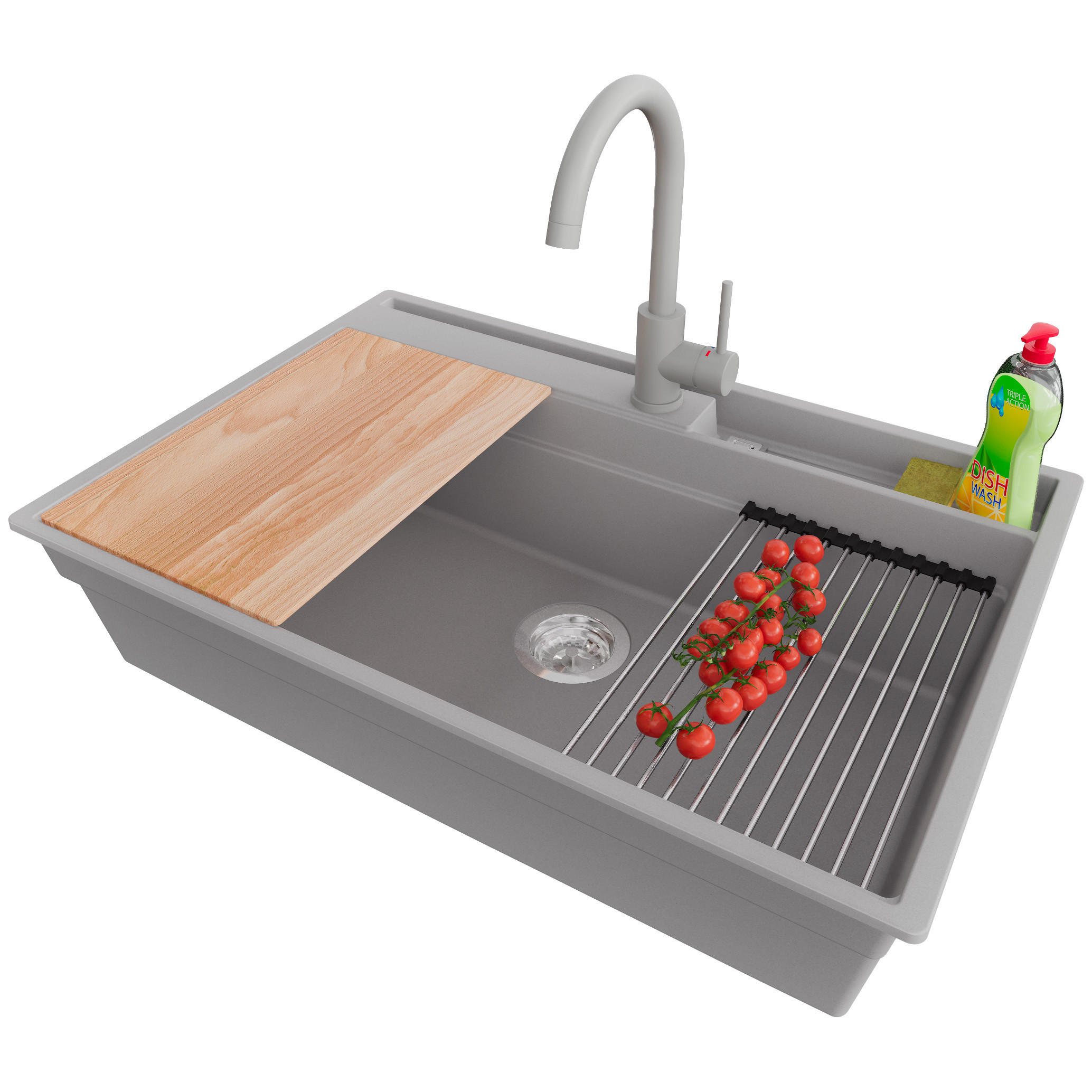 GRANITSPÜLE Oslo Pocket, 2-er set Grau 78/53 cm 1 Becken + Küchenarmatur 32/20 cm + Ablauf-Set + Küchenzubehörset ab 80er Unterschrank - Chromfarben/Beige, Kunststoff (78/20/53cm) - Primagran