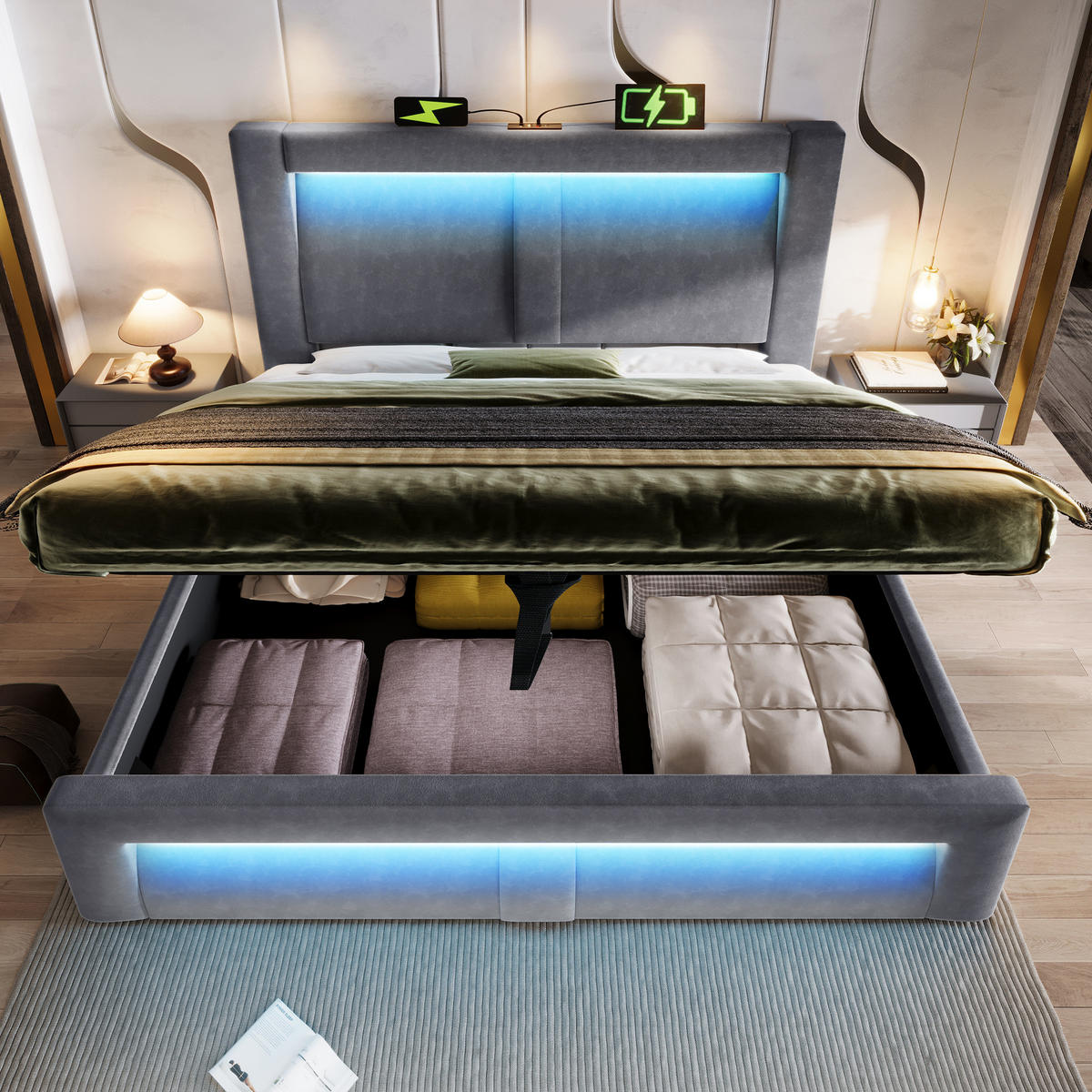 POLSTERBETT 160/200 cm in Grau Samt mit Bettkasten, LED, USB und Type-C - Grau, Holzwerkstoff/Textil (160/200cm) - STILVORA