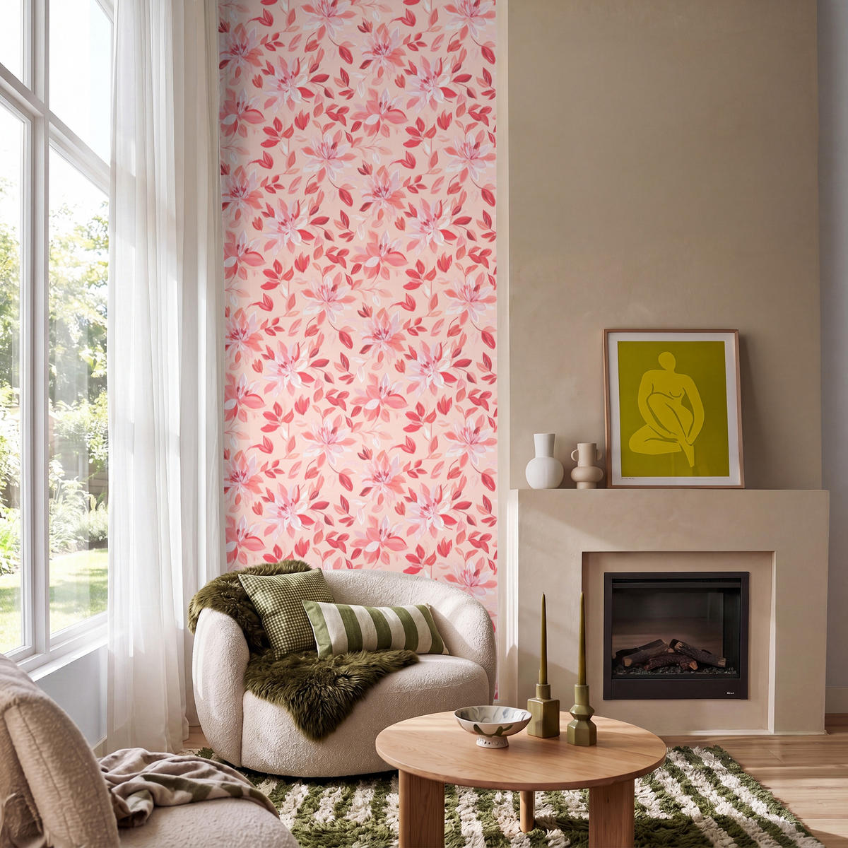 TAPETE - Botanisch - Blumen - Rot - 120x280 cm - Koralle, Papier (120/280cm) - OnlyWow
