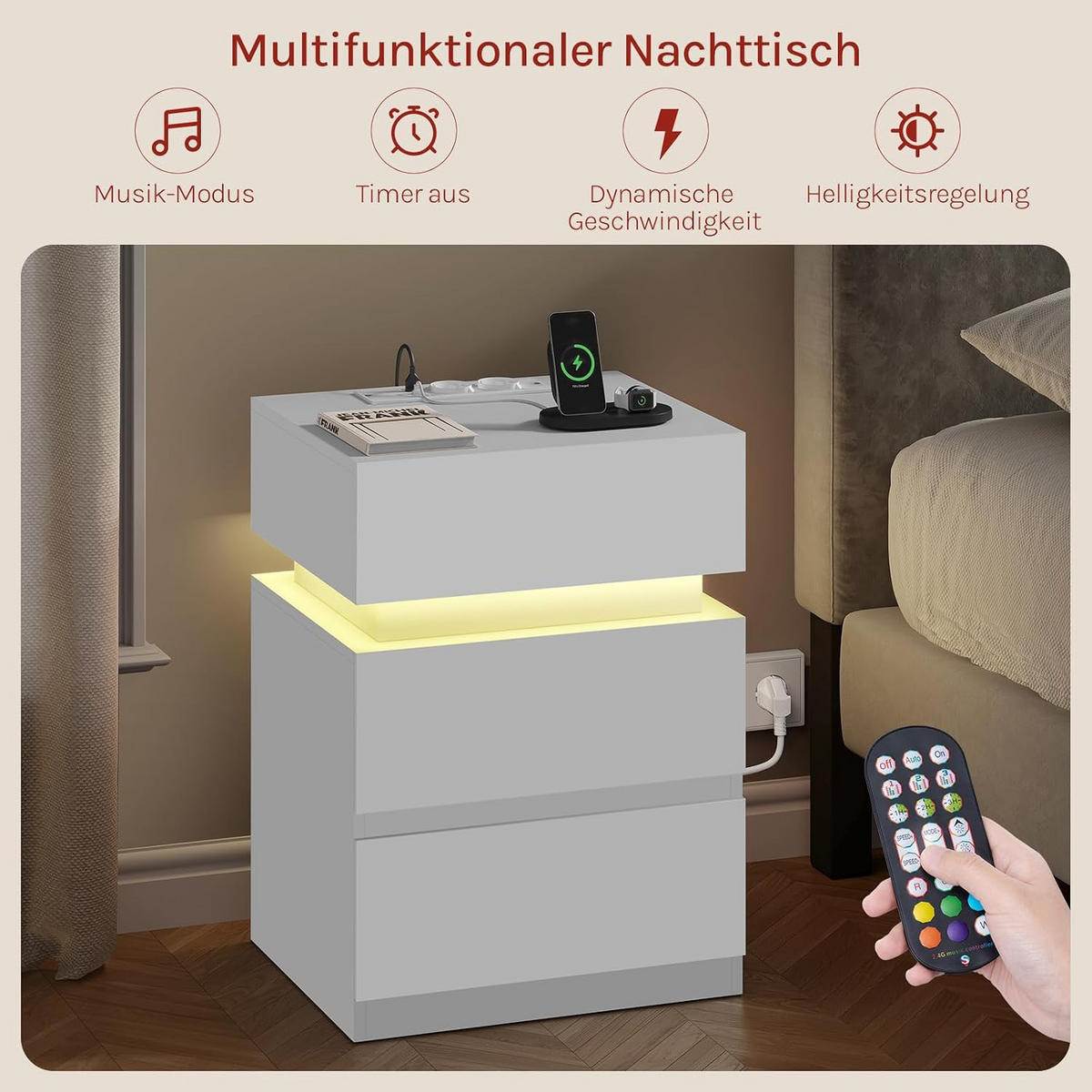 NACHTTISCH mit Ladefunktion und LED, Weiß - Weiß, Holzwerkstoff (40/55/35cm) - Woltu