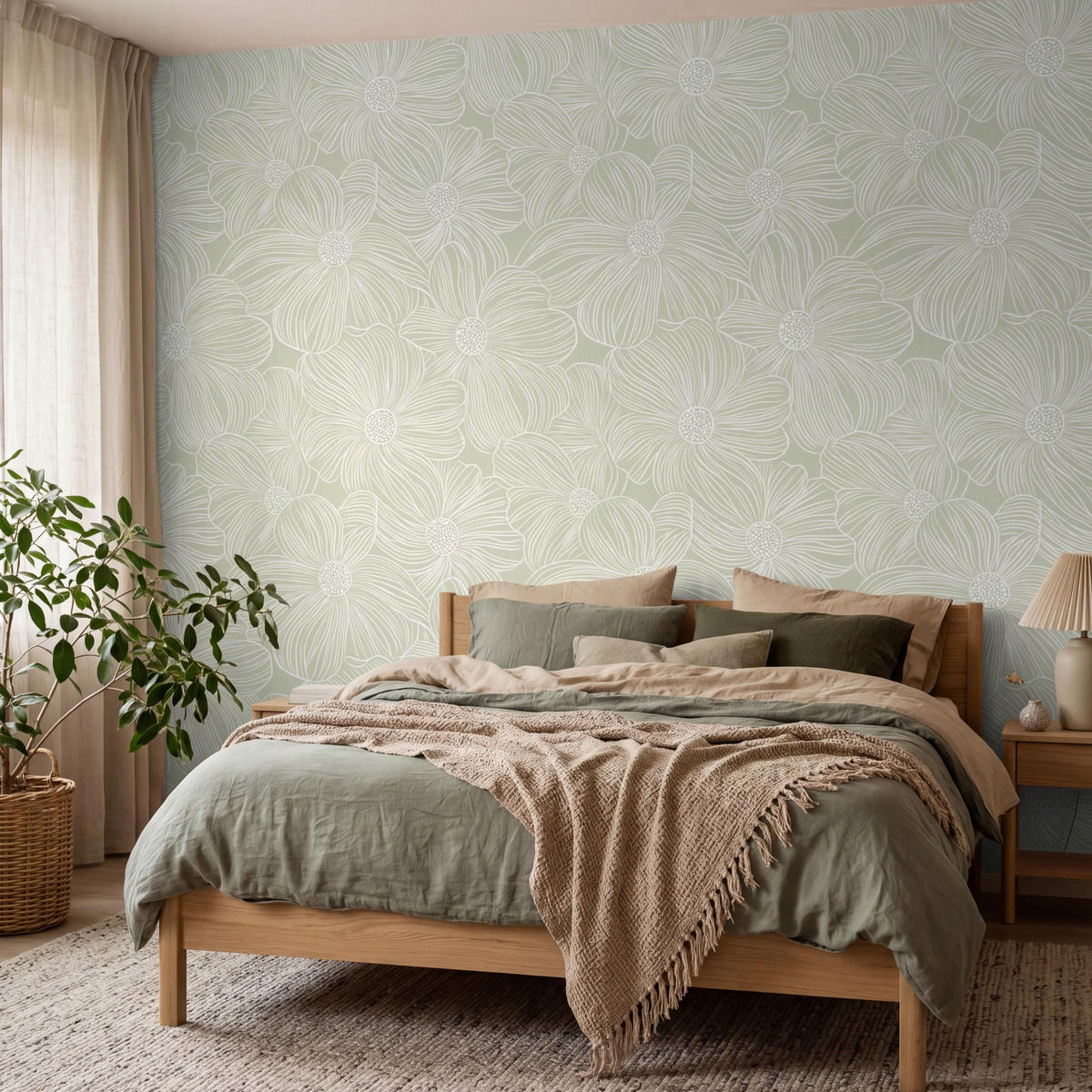TAPETE - Gelassenheit - Blumen - Grün - 350x280 cm - Salbeigrün, Papier (350/280cm) - OnlyWow