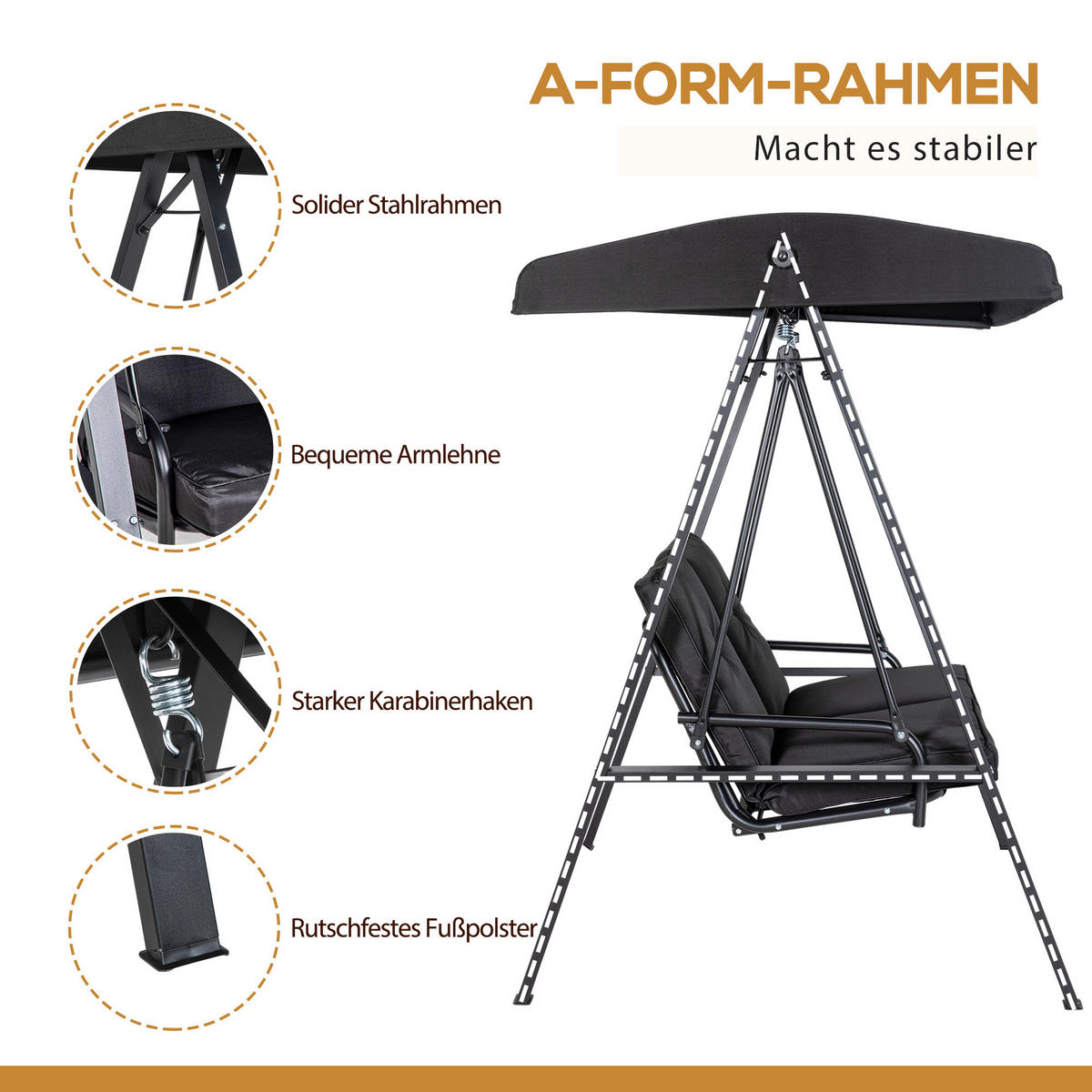 HOLLYWOODSCHAUKEL 2-Sitzer mit Verstellbarem Dach - Schwarz, Metall (116/172/145cm) - Outsunny