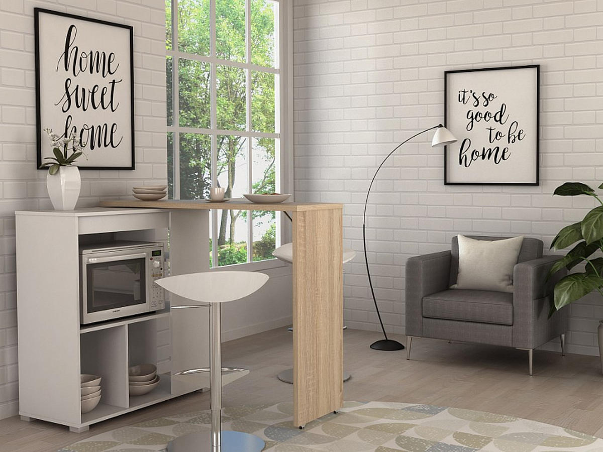 BARTISCH drehbar mit Stauraum - Weiß & Eichefarben - SATURNE - Naturfarben, Holz (172/100/39.6cm) - Vente-Unique