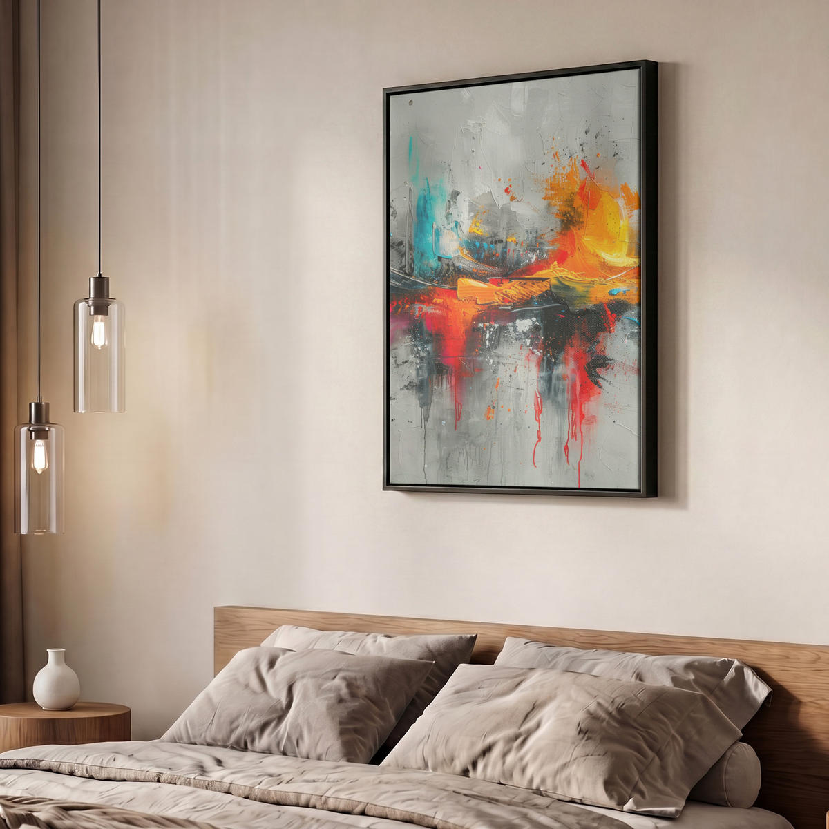 LEINWAND Bilder mit Rahmen - Moderne Kunst - Orange - Grau - Abstrakt - 60x80 - Hellgrau, Textil (60/80cm) - MuchoWow