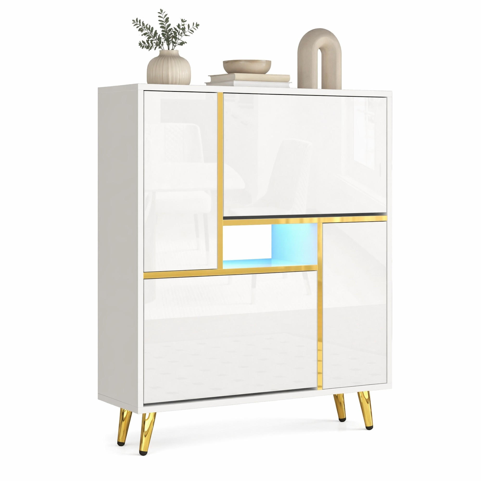 SCHUHSCHRANK in Weiß Hochglanz Schuhkipper mit LED-Licht für Eingangsbereiche und Flur, B80/T25/H96 cm - Goldfarben/Weiß, Holzwerkstoff/Metall (80/96/25cm) - STILVORA