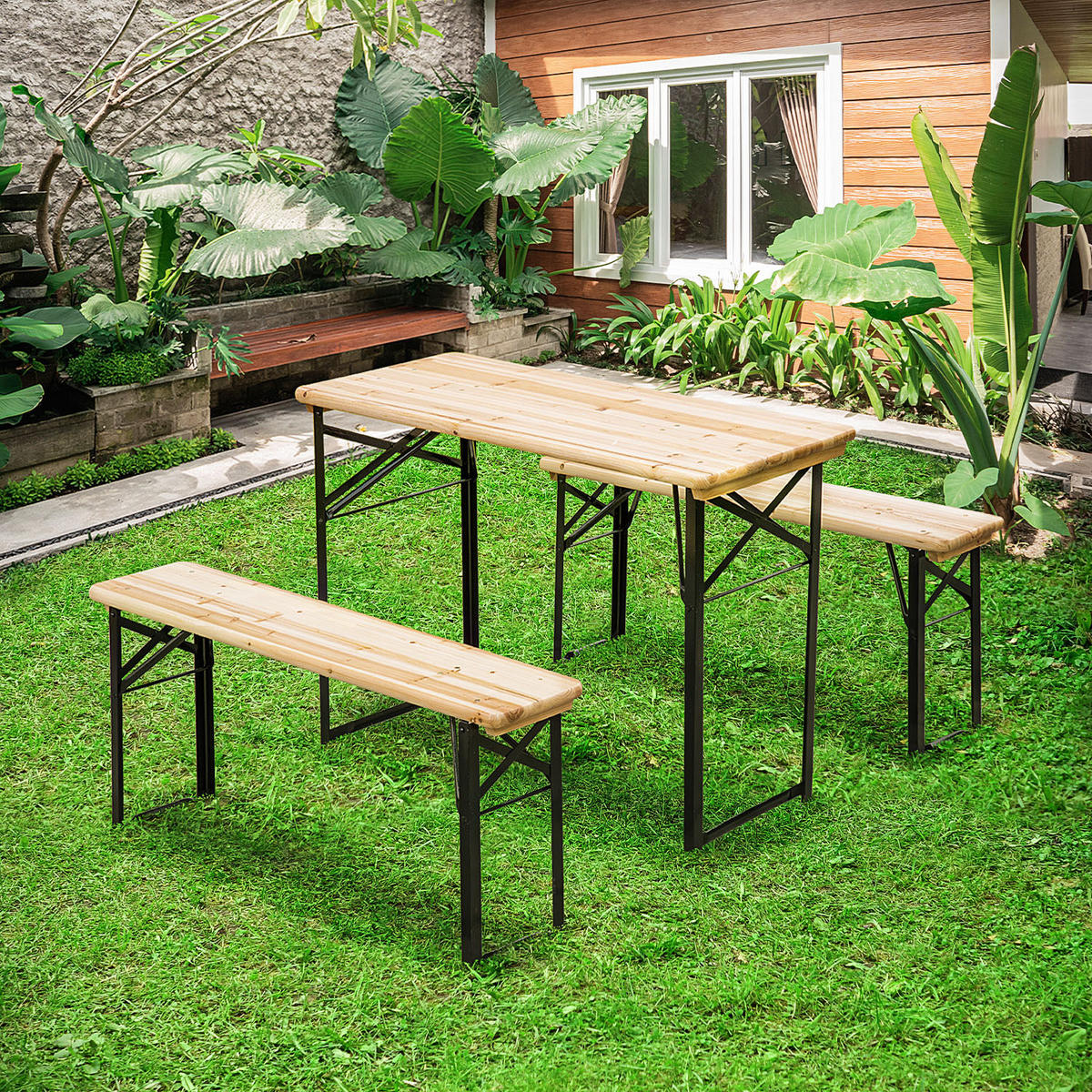 GARTENTISCH-SET DE-14074 klappbar, mit 2 Bänken Schwarz - Naturfarben, Holz - ComfortXL