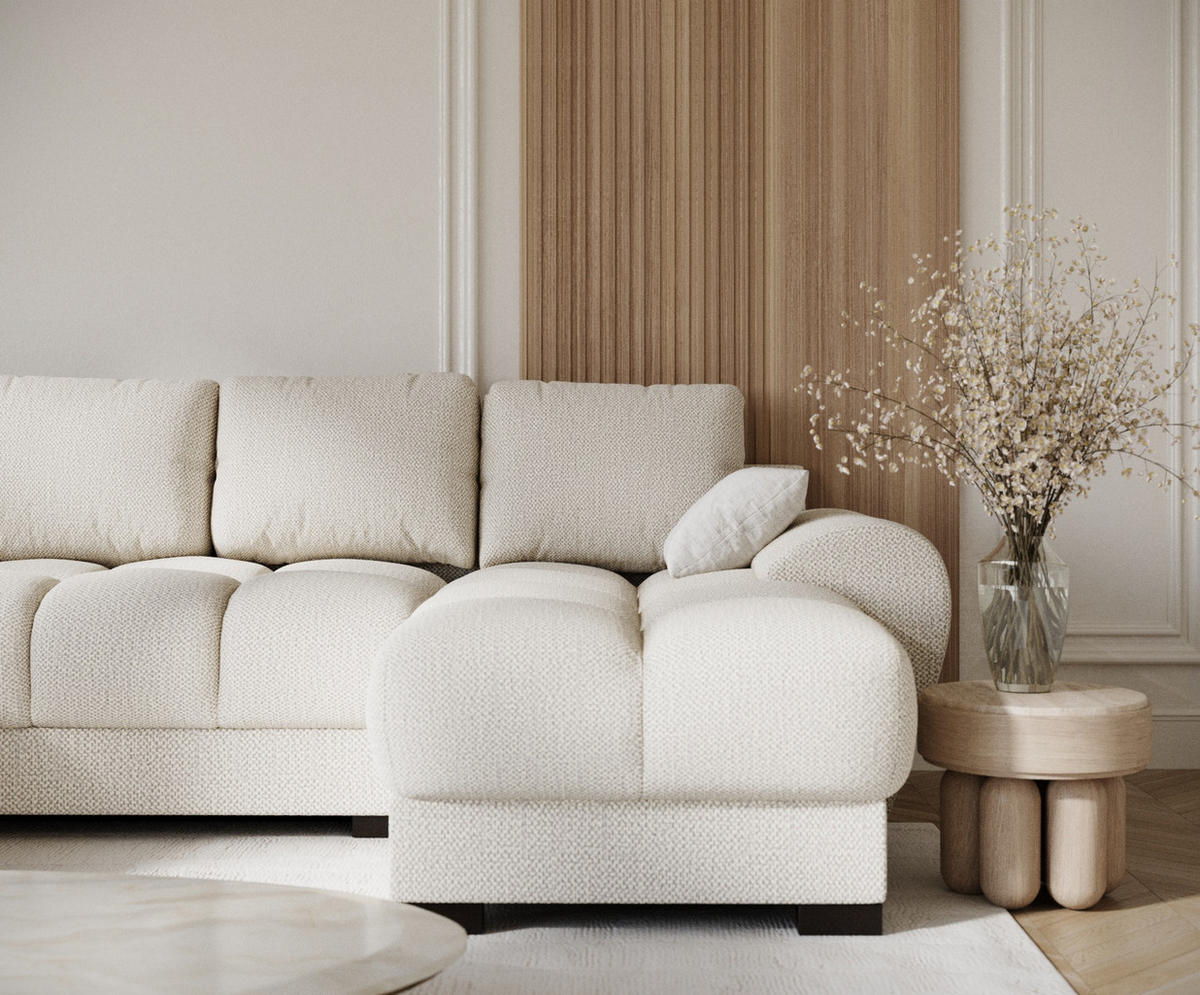 WOHNLANDSCHAFT Peebles Creme Chenille-Stoff - Creme/Schwarz, Holz/Holzwerkstoff (330/90/175cm) - Maison de Reve